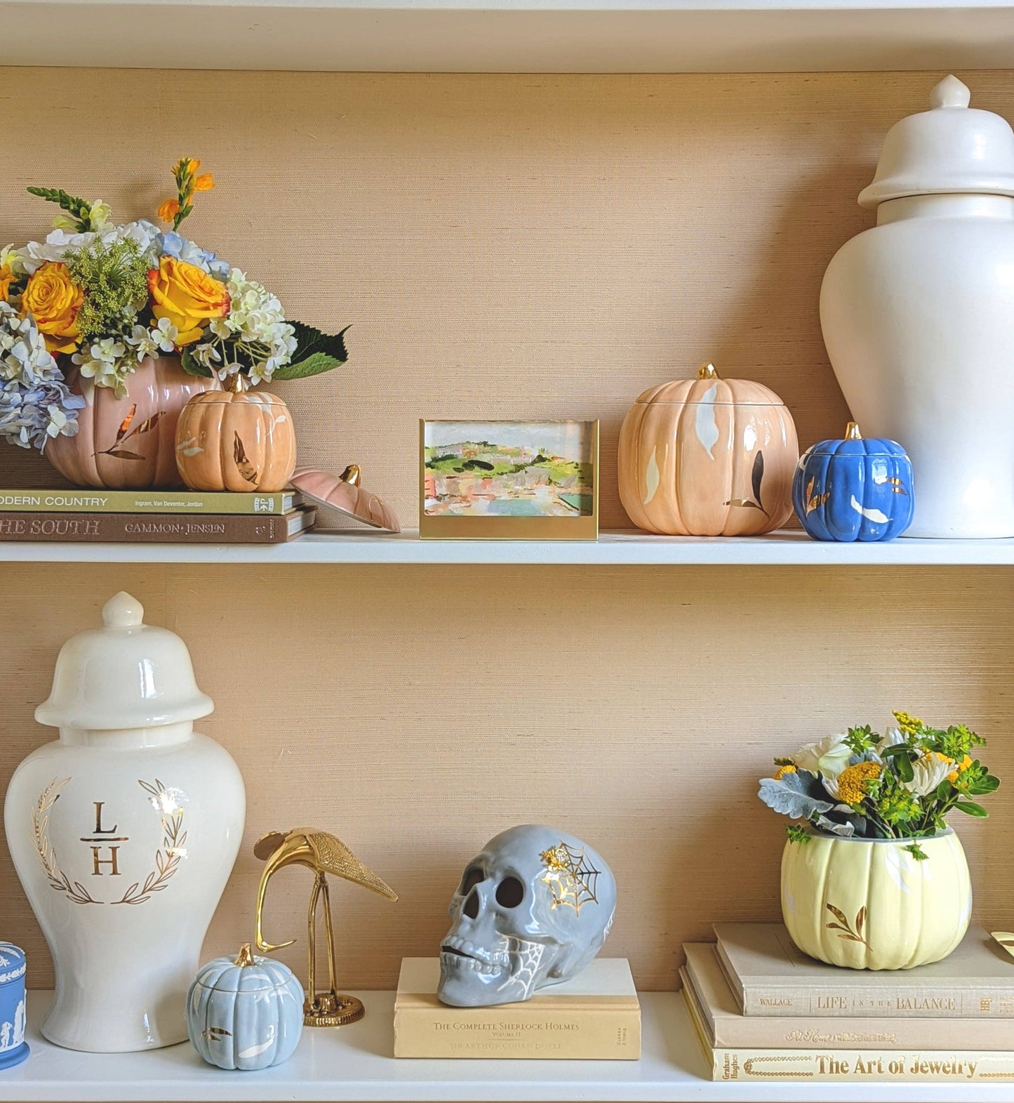 Layered Leaves Pumpkin Jars with 22K Gold Accents in Sheer Orange: Medium