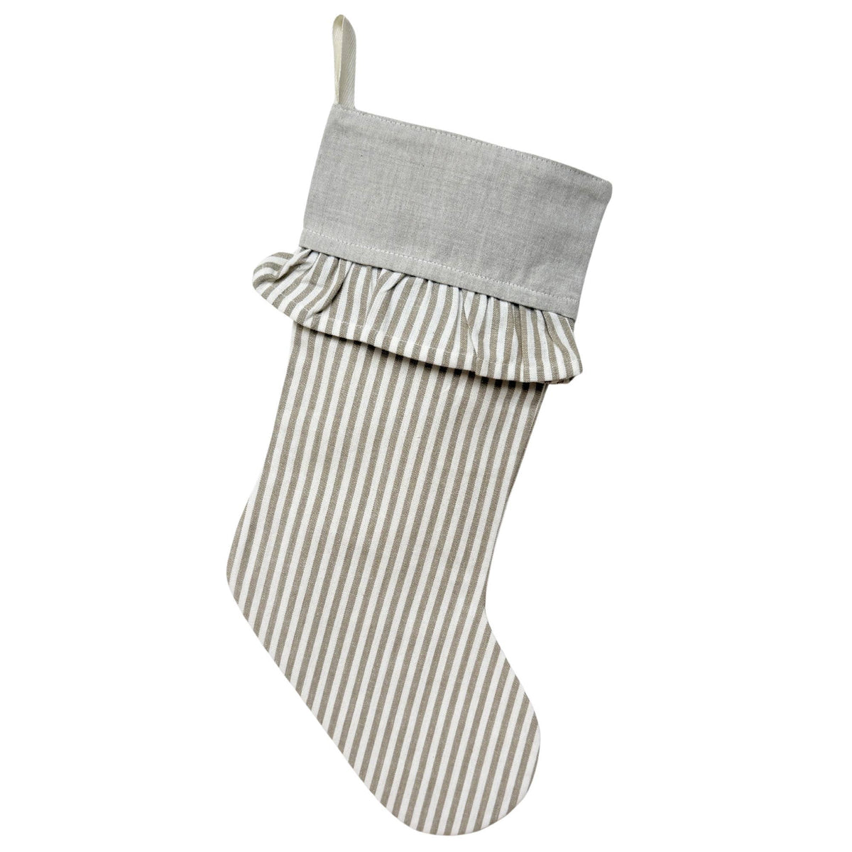 Ticking Stripe Christmas Stocking with Ticking Ruffle: Tan
