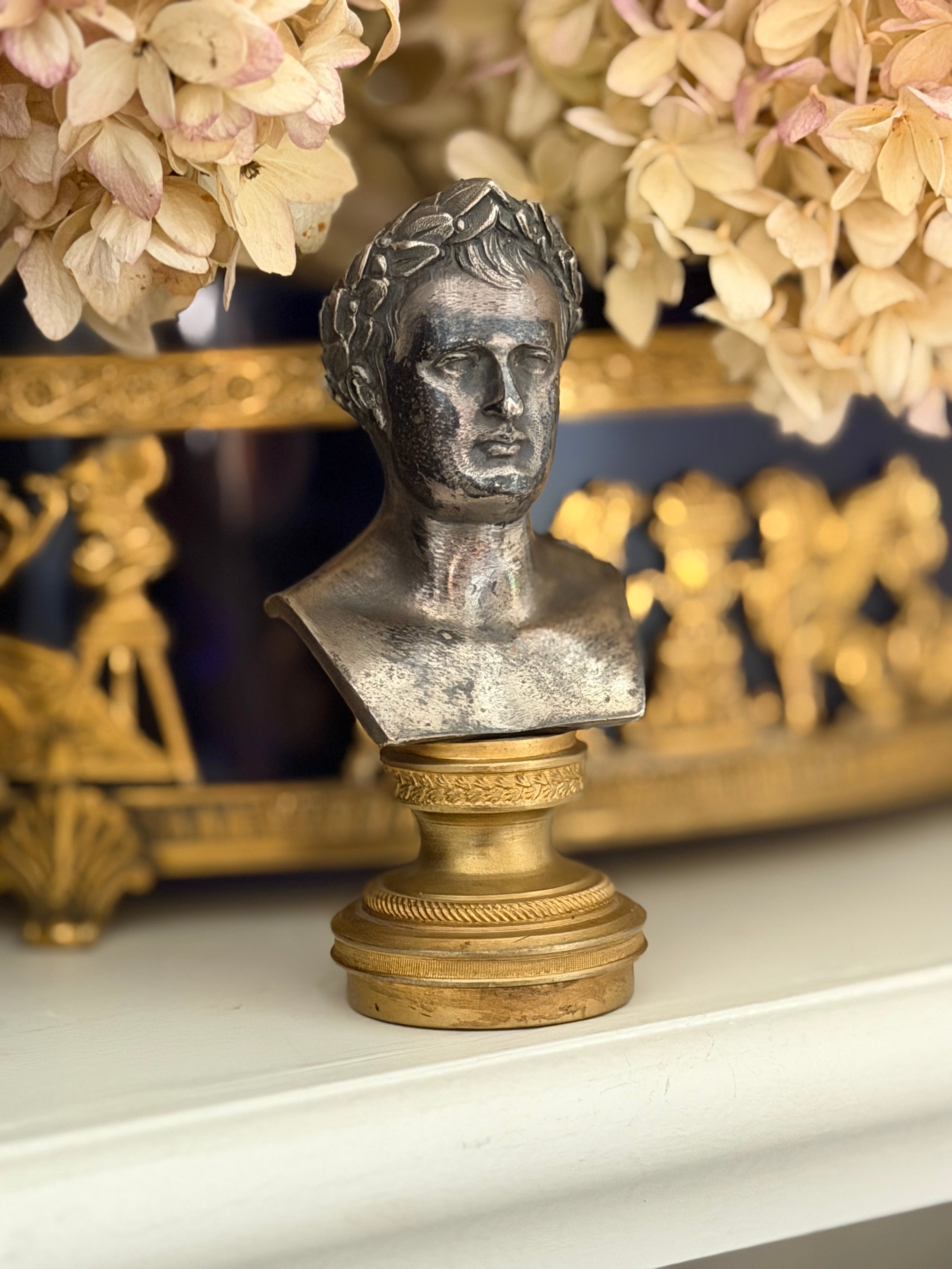Antique French Silvered Bronze Bust of Napoleon I on Gilt Bronze Pedestal