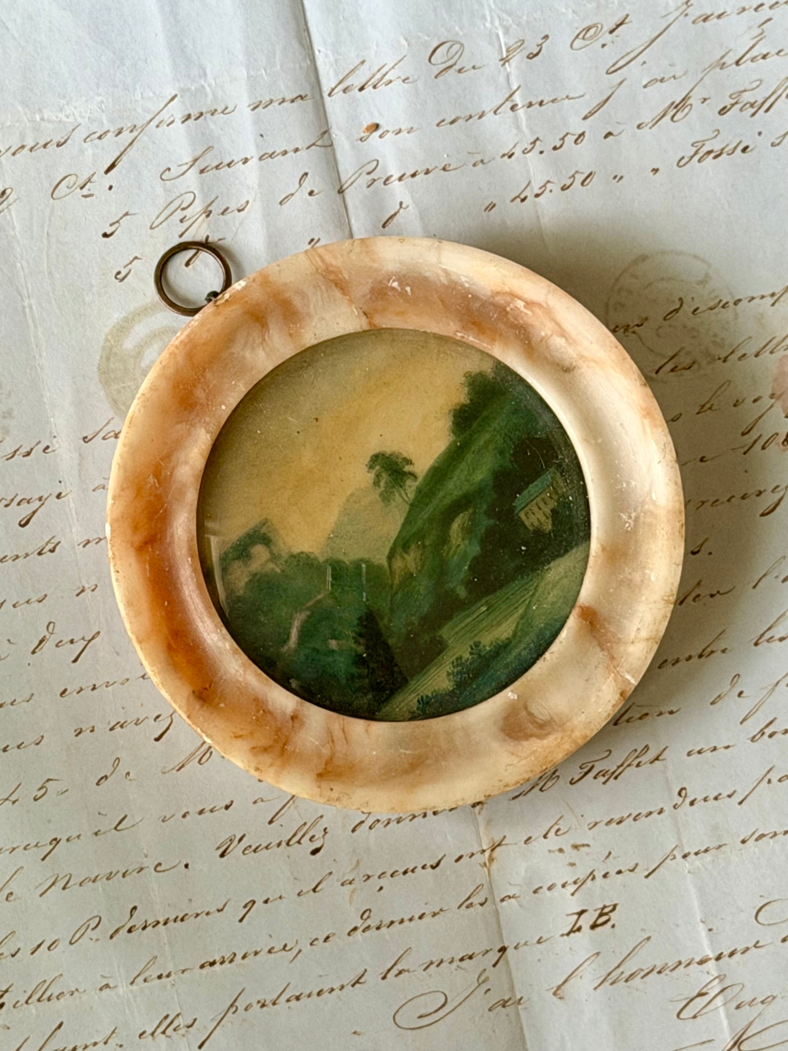 19th Century Miniature Landscape Painting in Alabaster Frame with Convex Glass