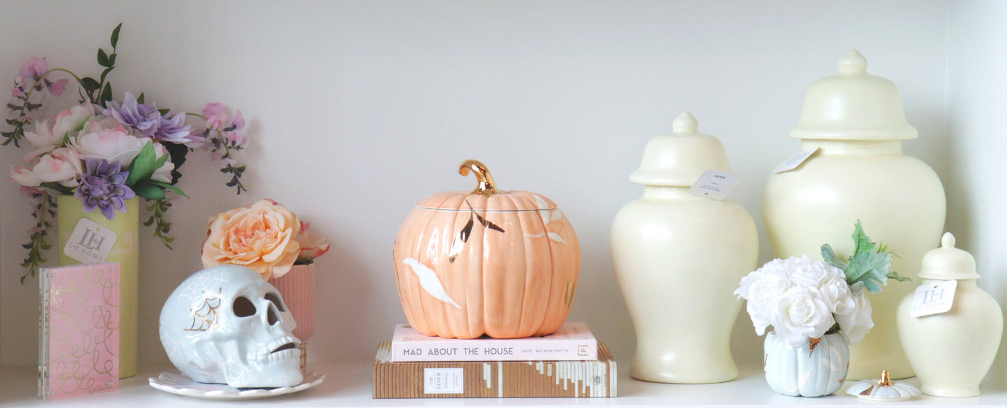 Layered Leaves Pumpkin Jars with 22K Gold Accents in Sheer Orange: Medium