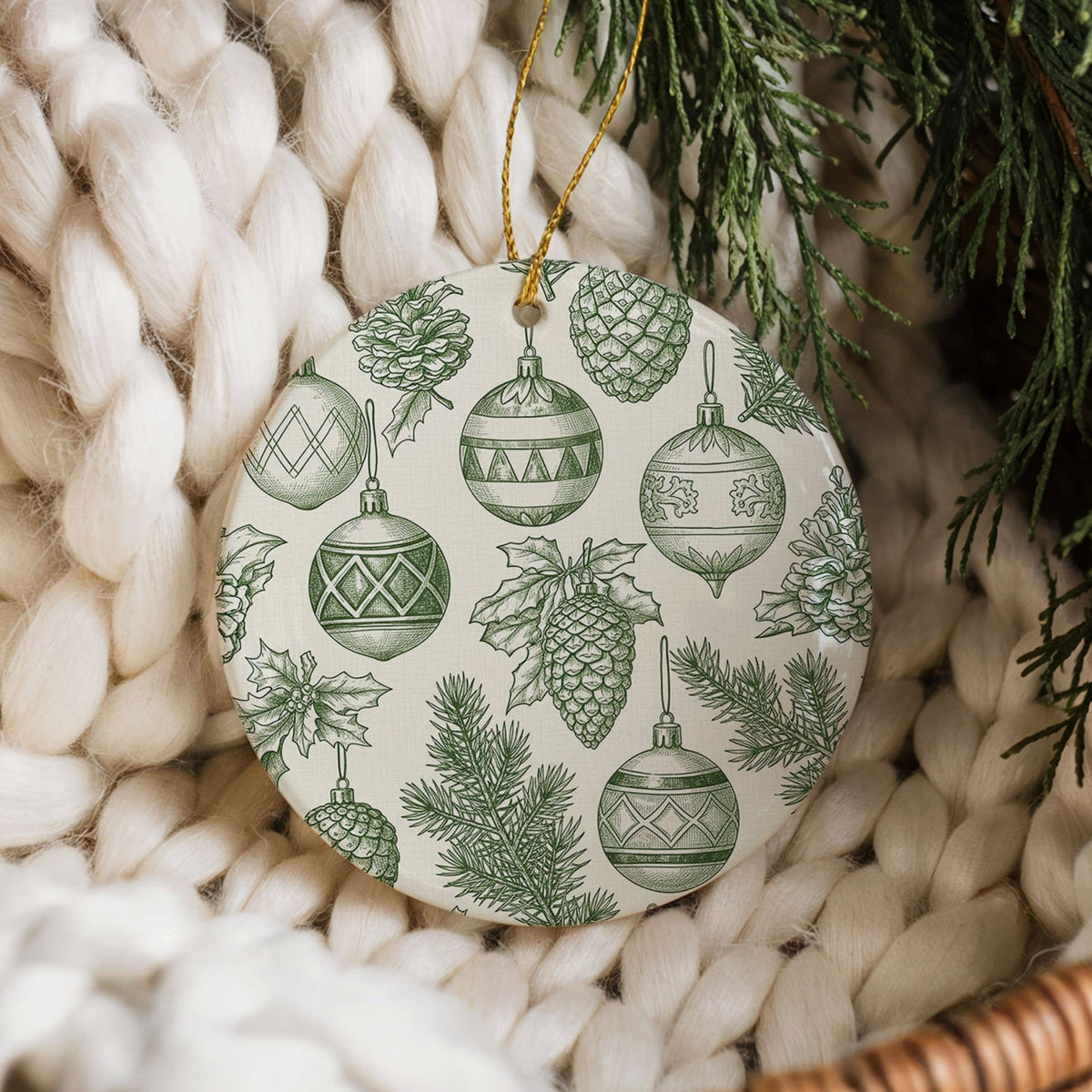 Green Toile Ornament, Botanical Christmas Bauble Decor