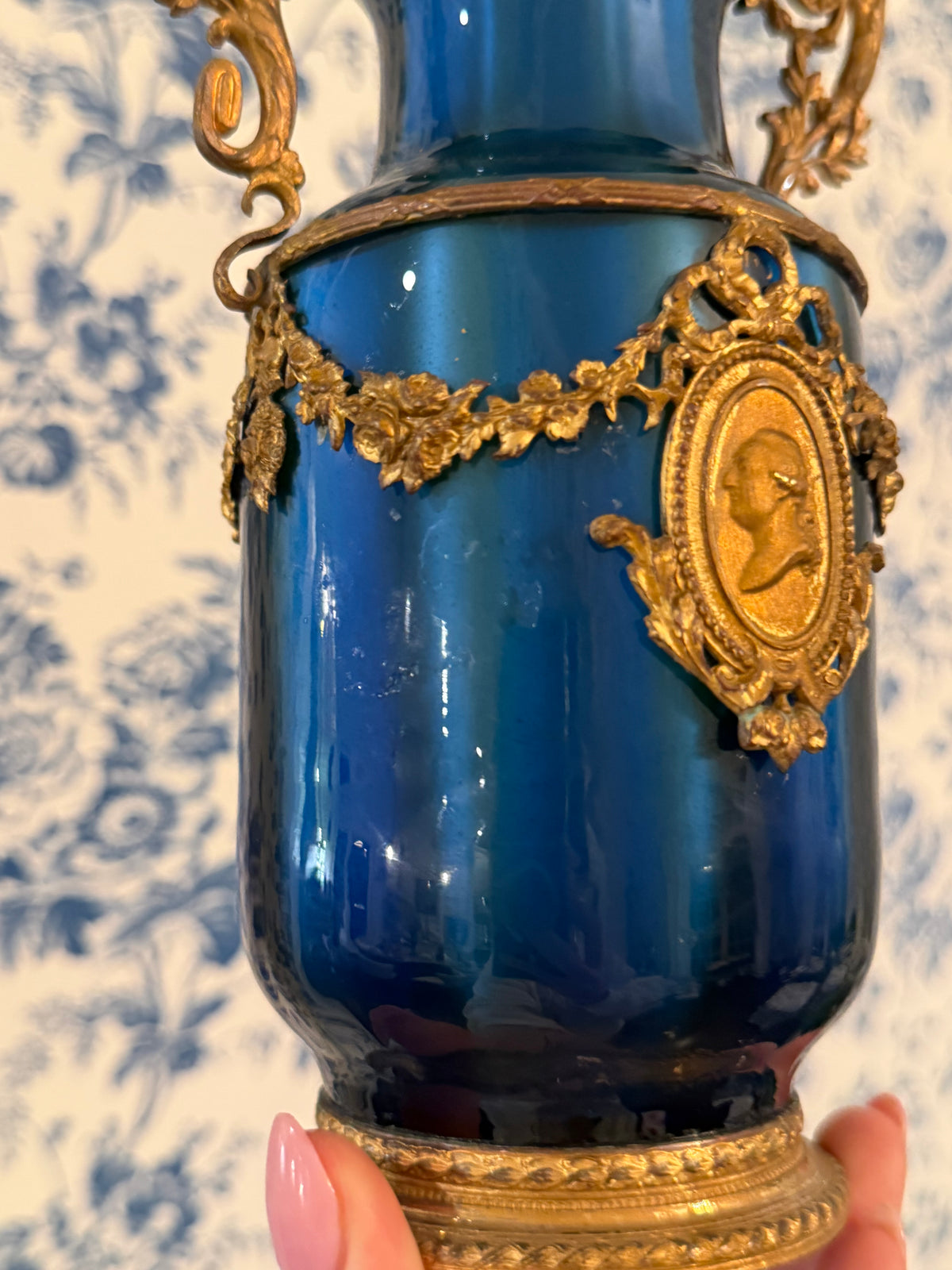 Pair of Antique French Blue Vases with Gilt Metal Mounts and Cameo Medallions