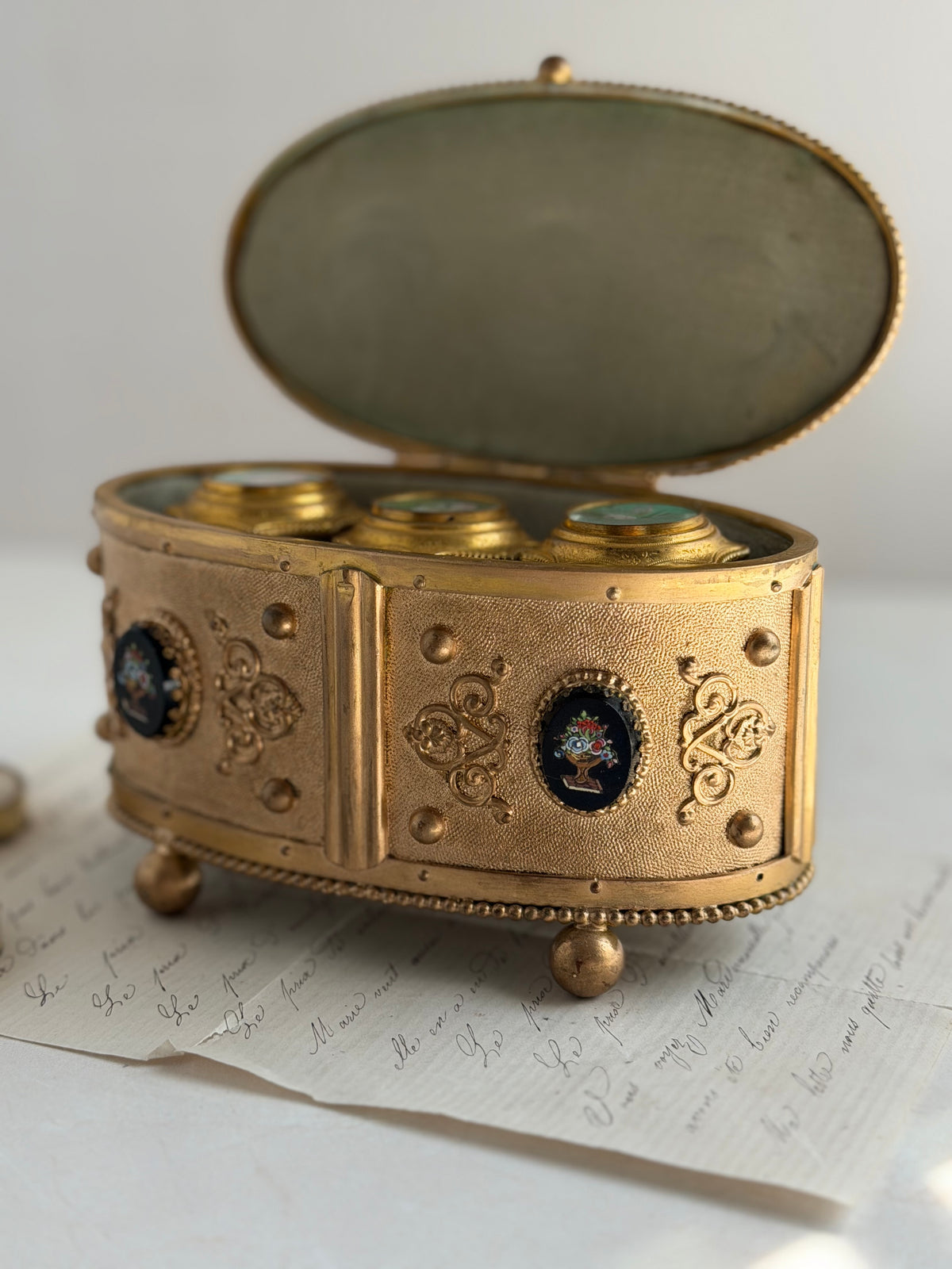 Antique Bronze Micro-Mosaic Perfume Casket with Three Bottles
