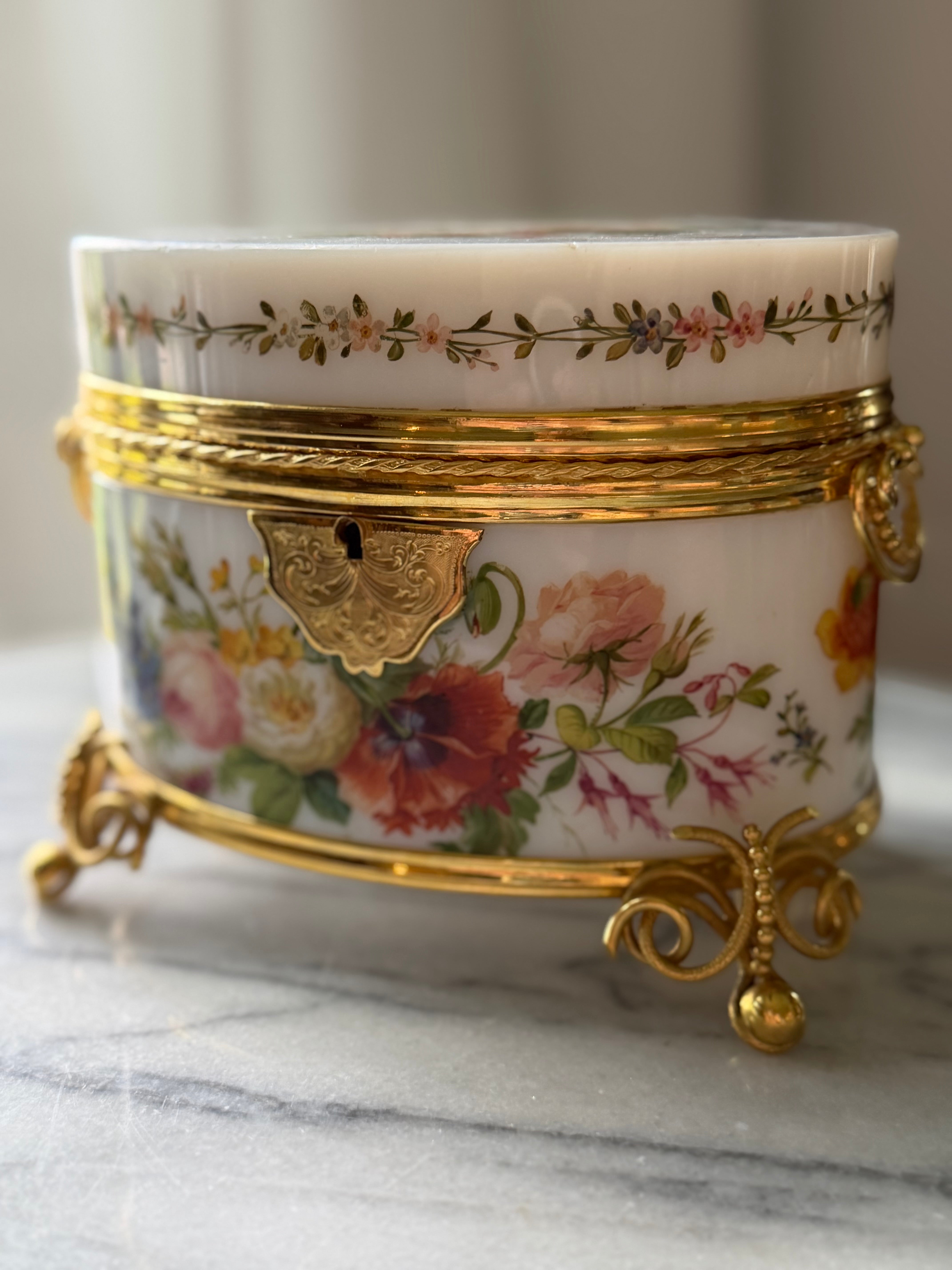 Antique French Opaline Floral Casket with Gilt Bronze Mounts