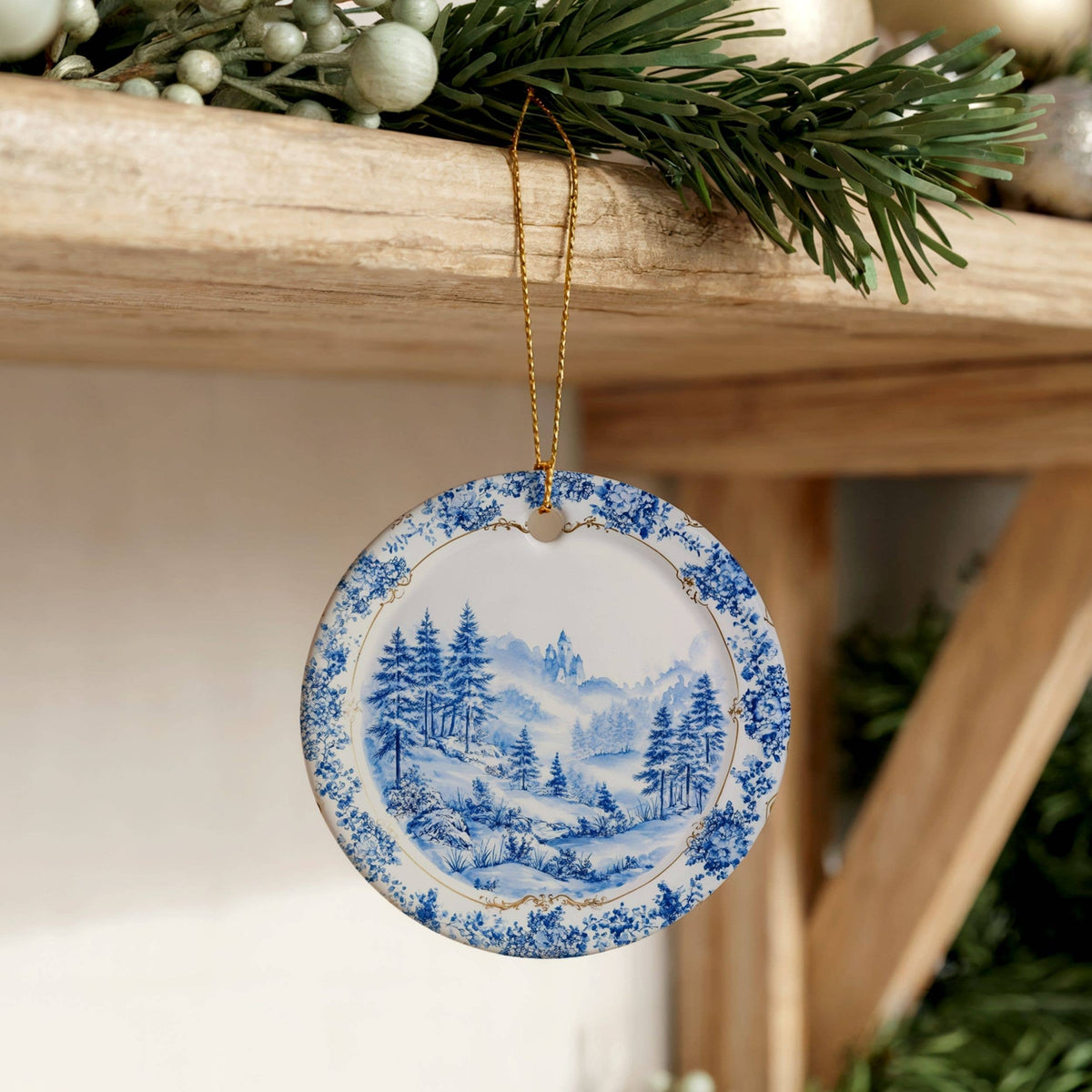 Toile Christmas Ornament, Ceramic Chinoiserie China Plate