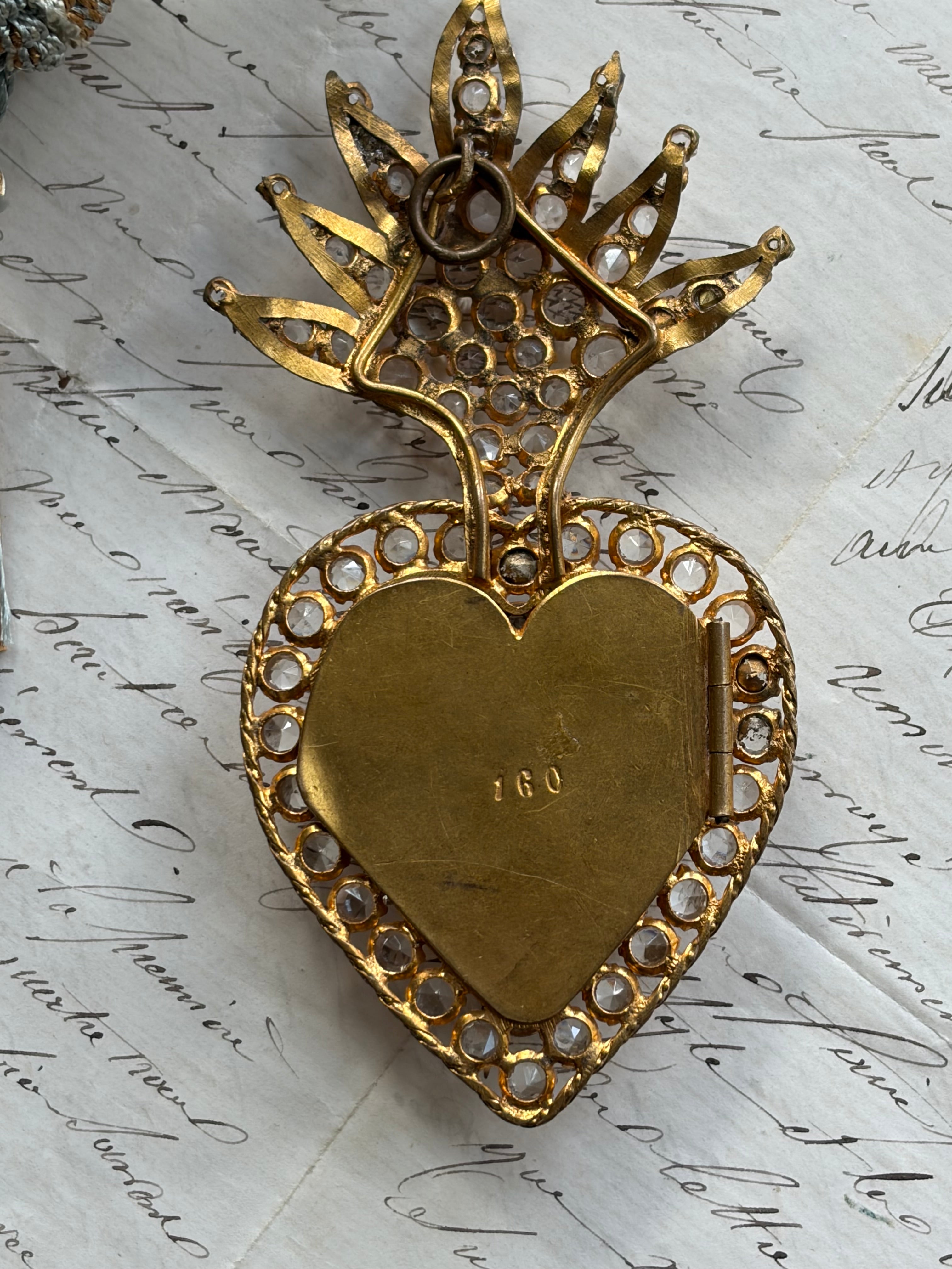 Antique French Sacred Heart Ex-Voto with Paste Stones and Monogram M