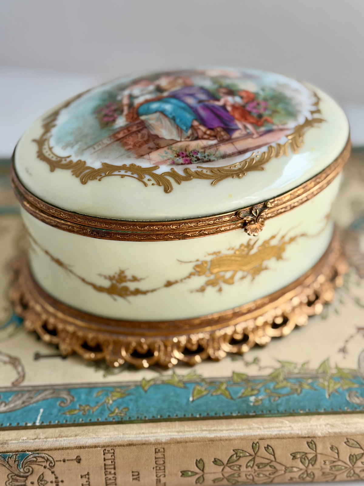 Antique French Hand-Painted Porcelain Casket with Bronze Mounts