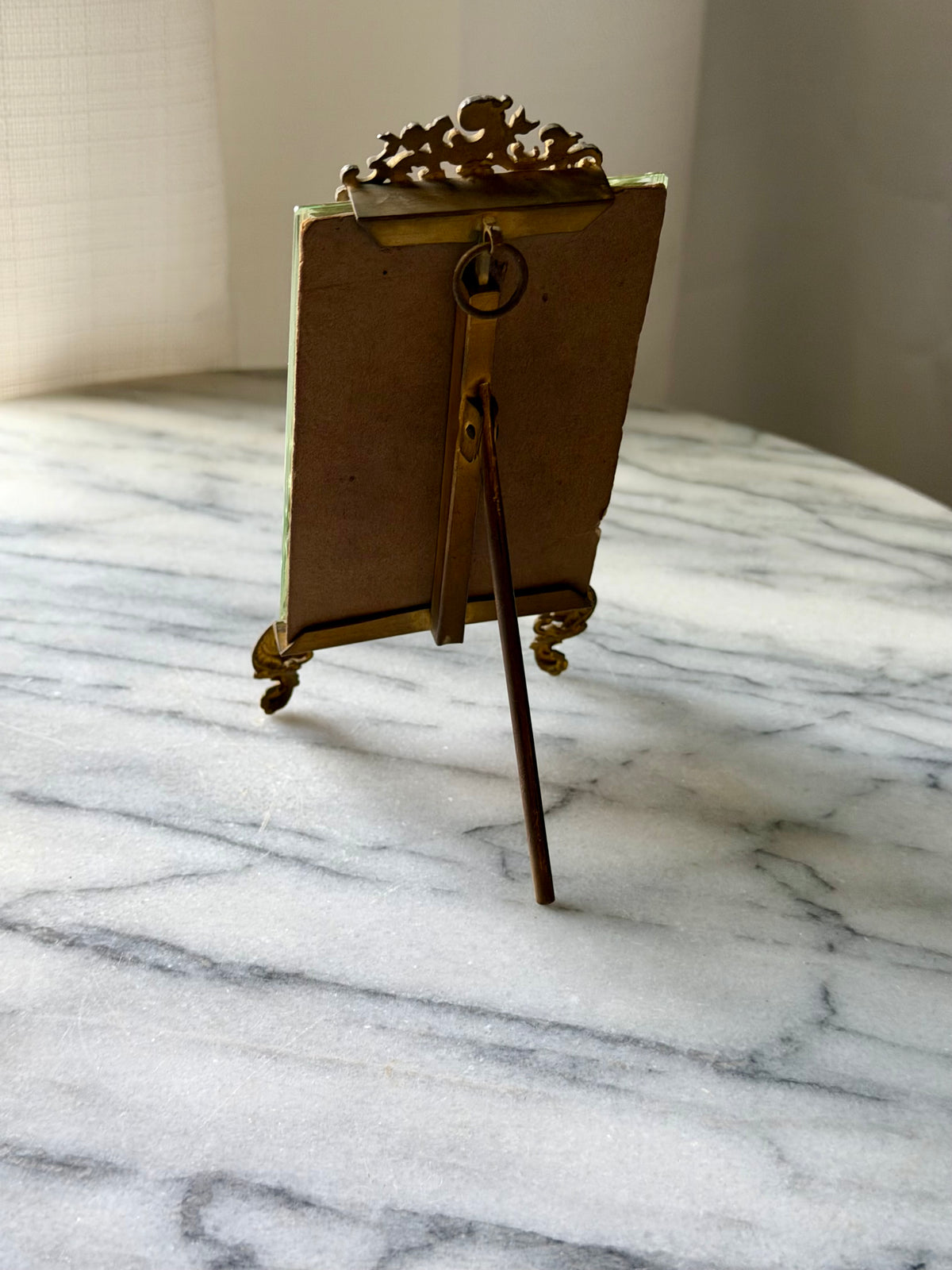 Antique French Beveled Glass Easel Frame with Gilt Brass Rococo Crest and Original Card