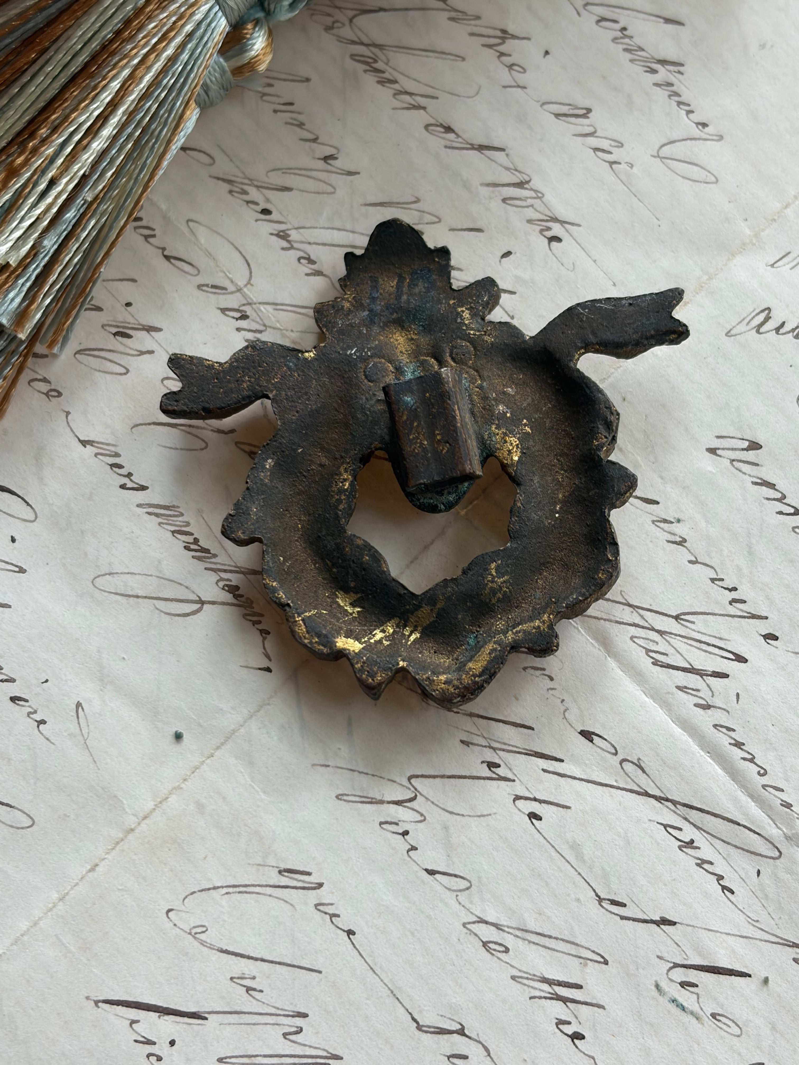 Antique French Salvaged Bronze Rose Wreath Furniture Mount