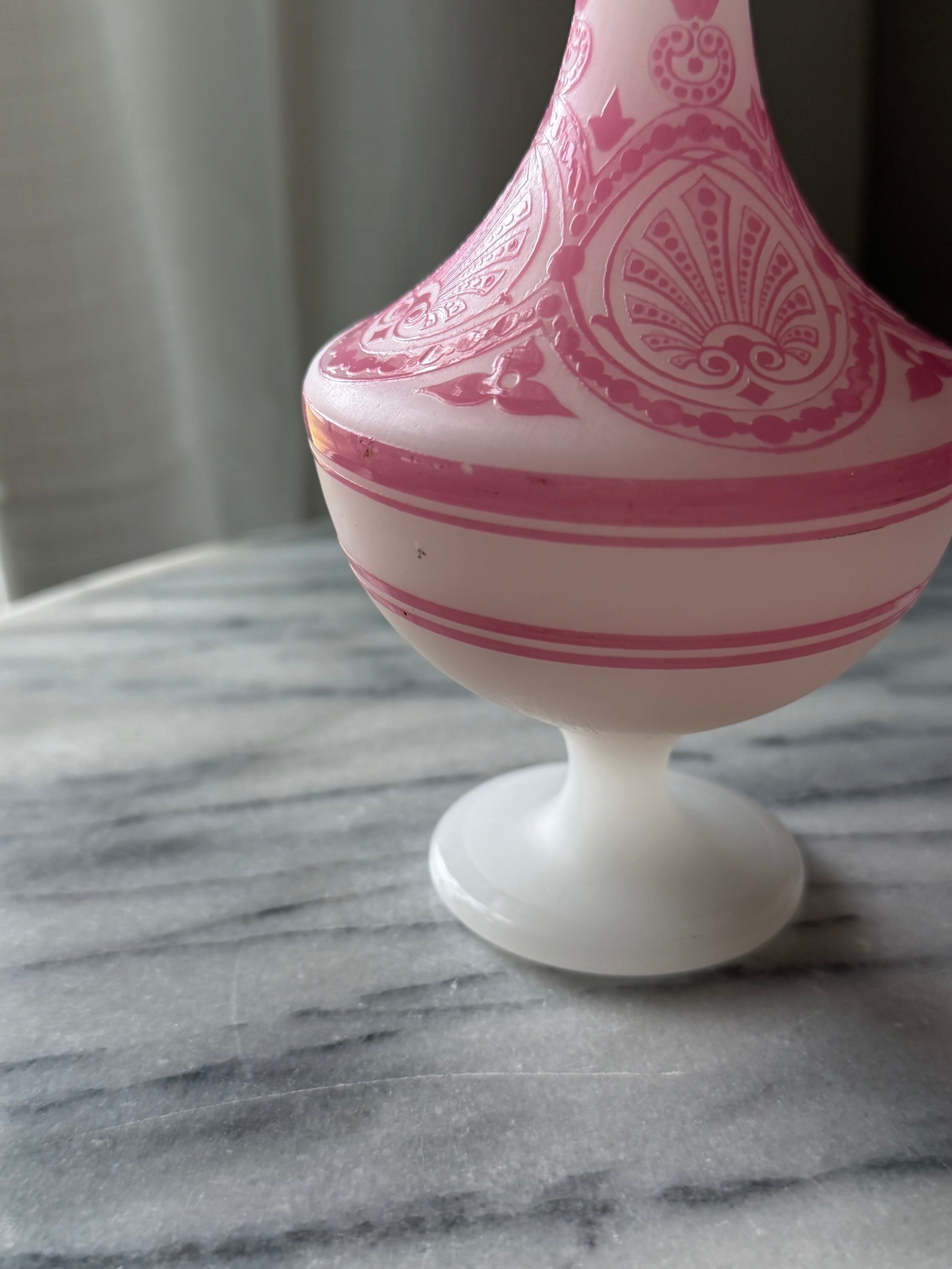 Antique Pink & White Opaline Glass Vases — Pair