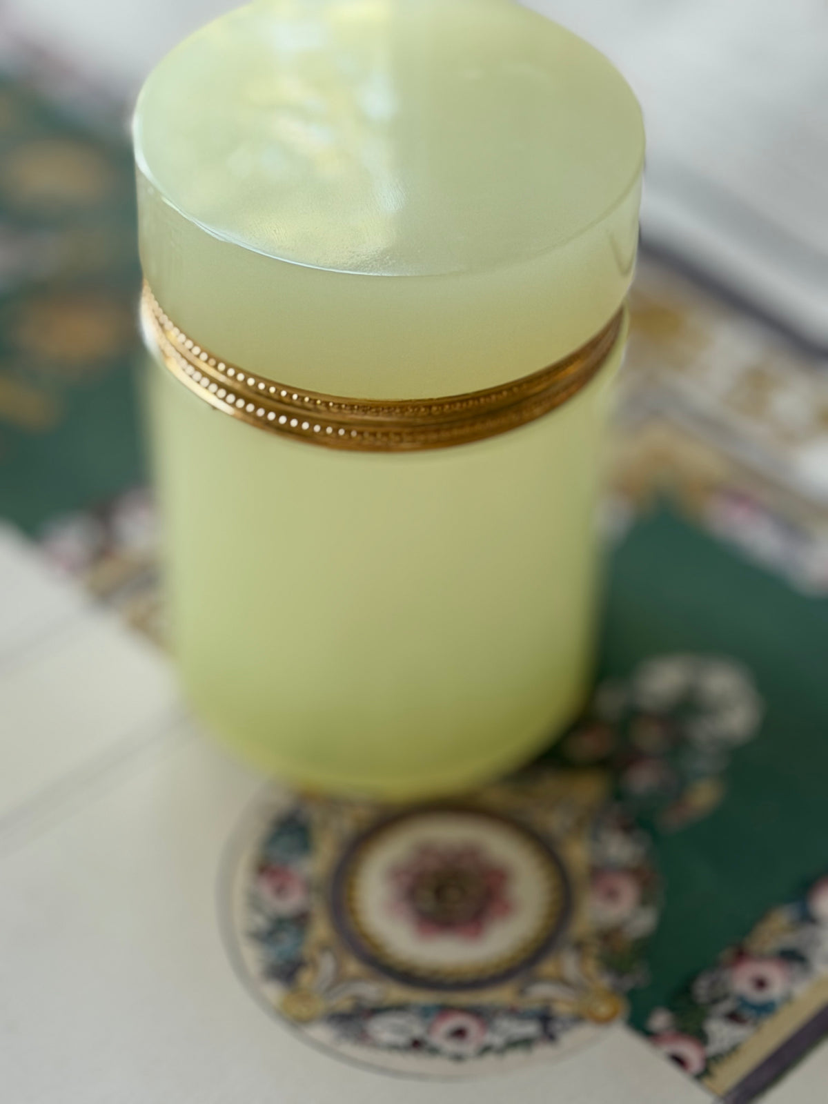 Vintage Yellow Opaline Glass Box with Bronze Rim