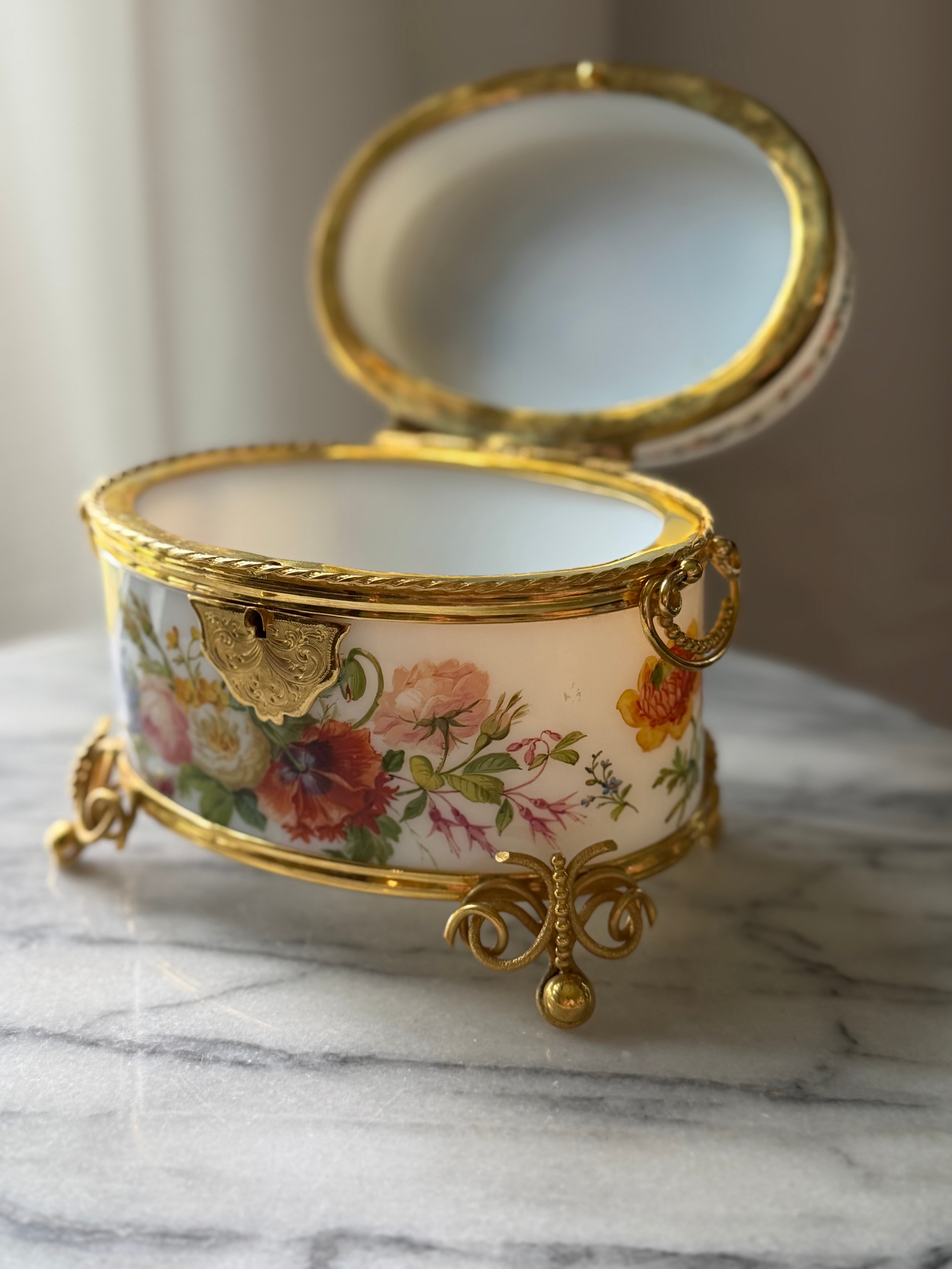 Antique French Opaline Floral Casket with Gilt Bronze Mounts