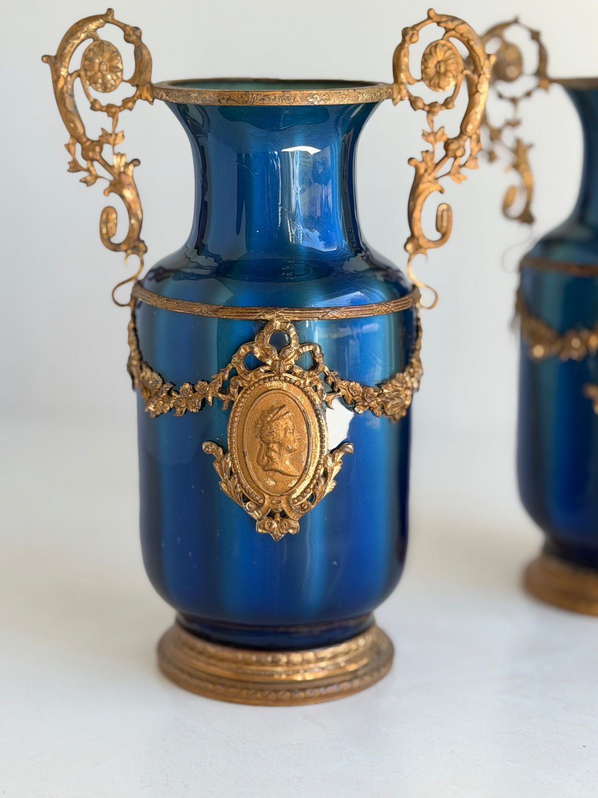 Pair of Antique French Blue Vases with Gilt Metal Mounts and Cameo Medallions