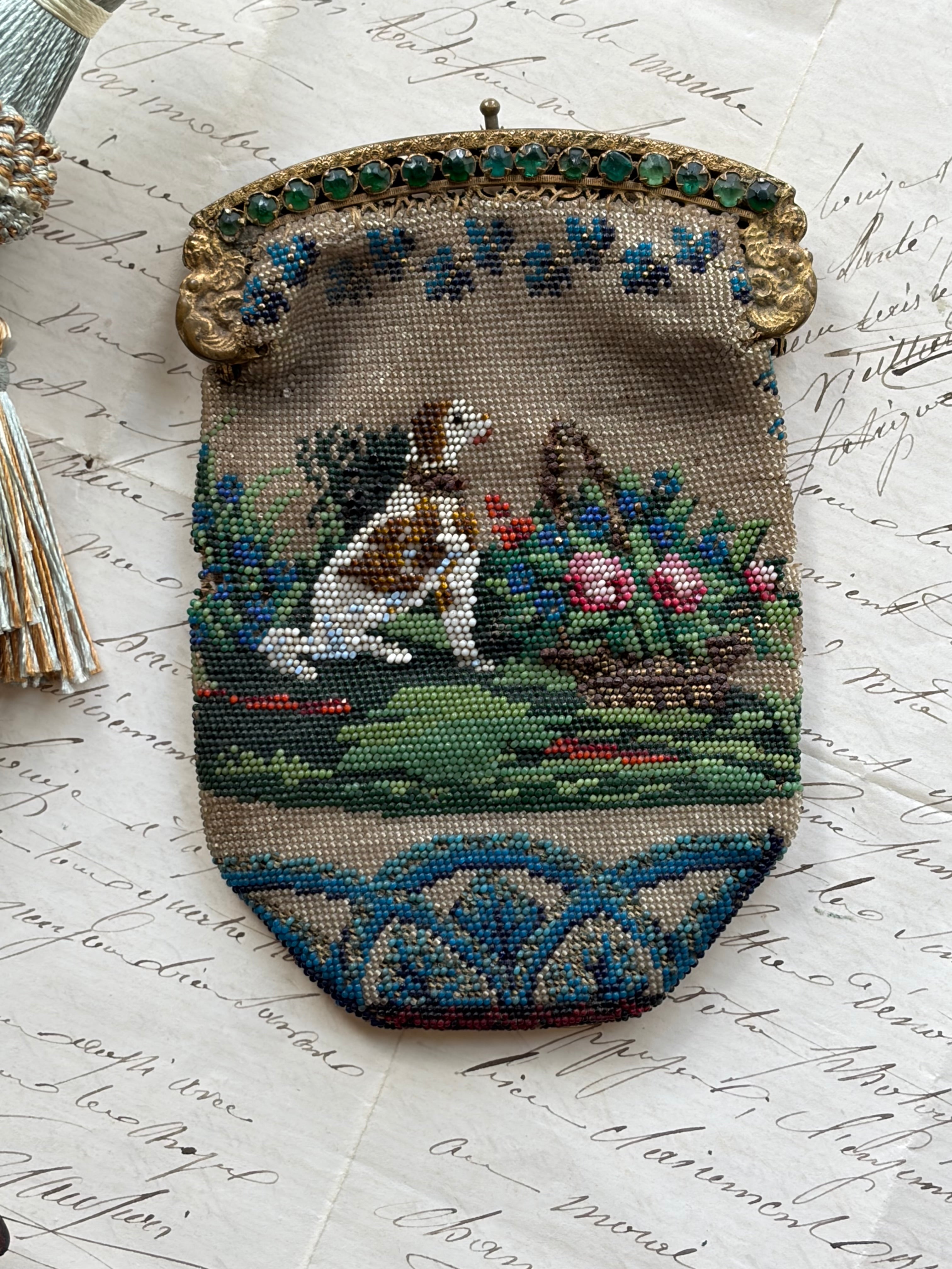 Antique French Beaded Purse with Petit-Point Spaniel and Floral Scene