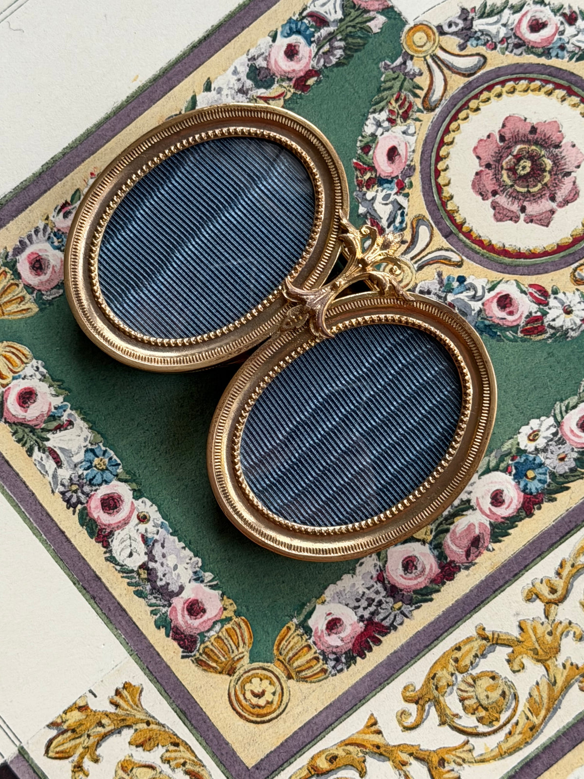 Antique French Gilt Bronze Double Oval Frame with Blue Moiré Silk