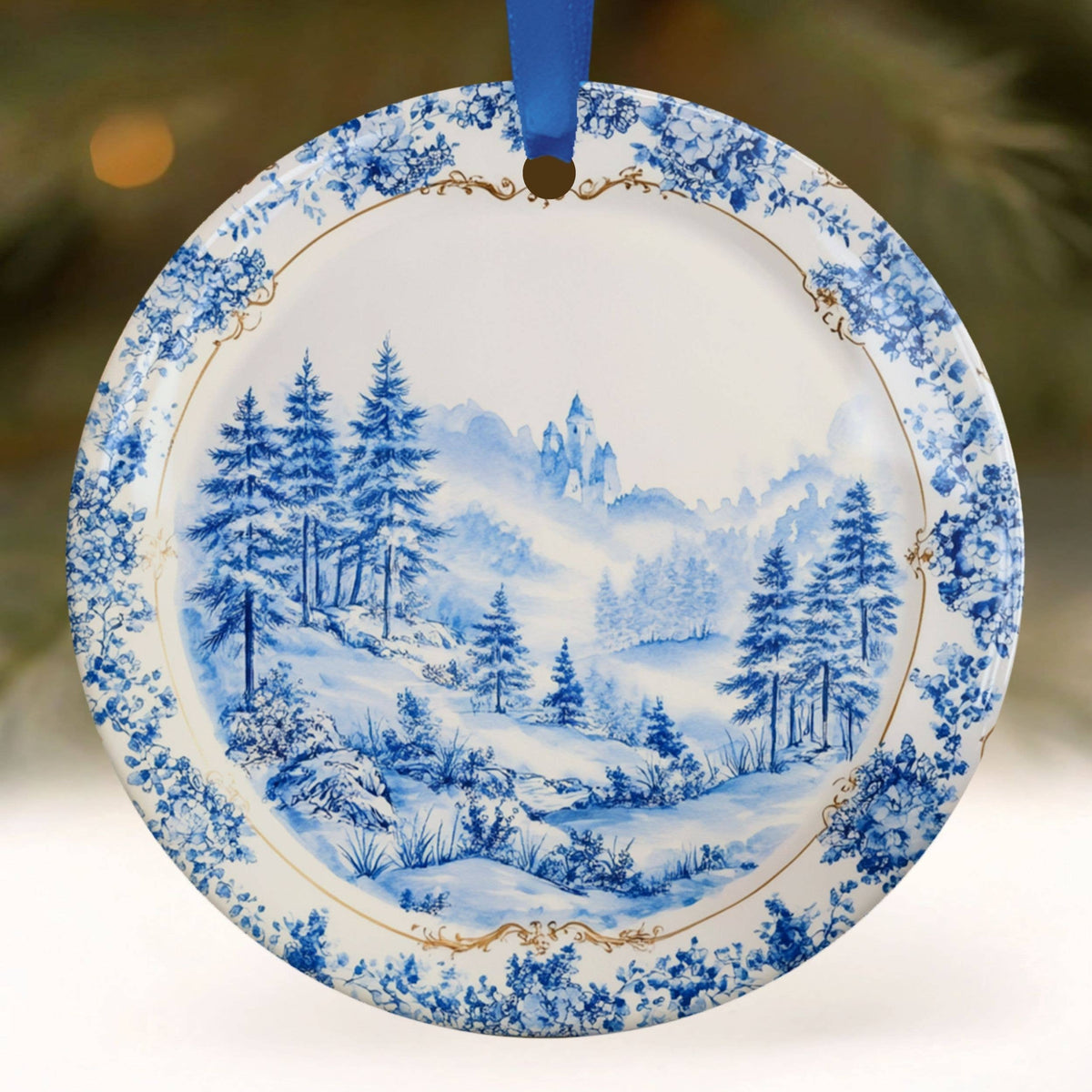 Toile Christmas Ornament, Ceramic Chinoiserie China Plate