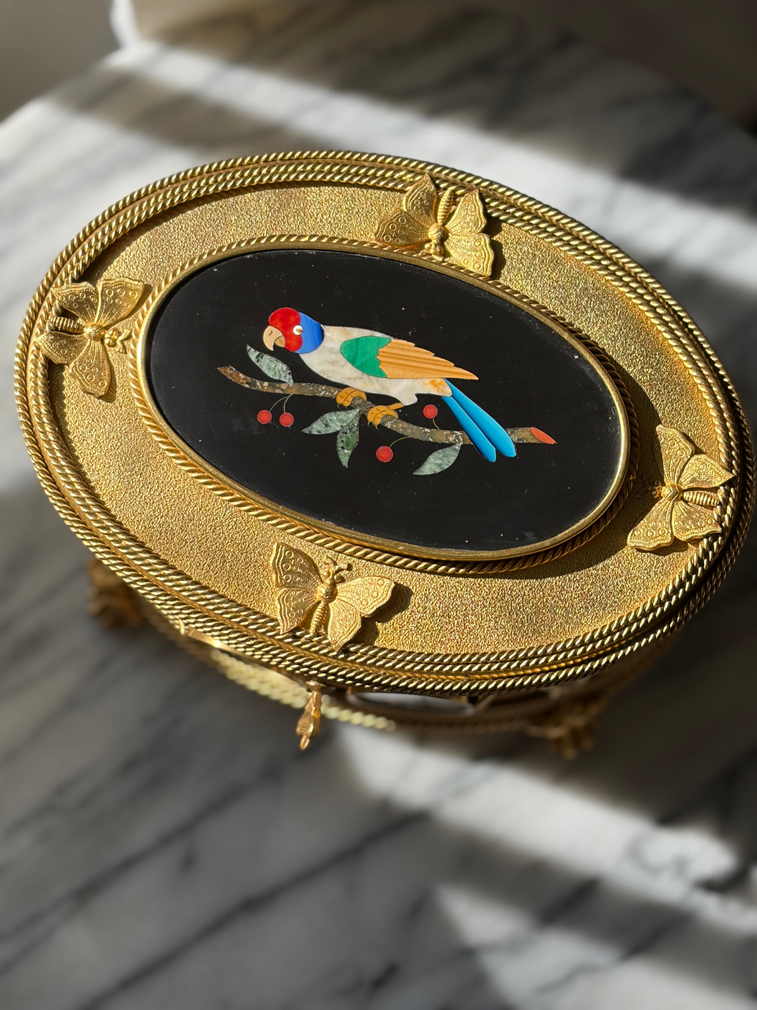Antique Tahan Paris Pietra Dura & Bronze Jewelry Casket with Working Key