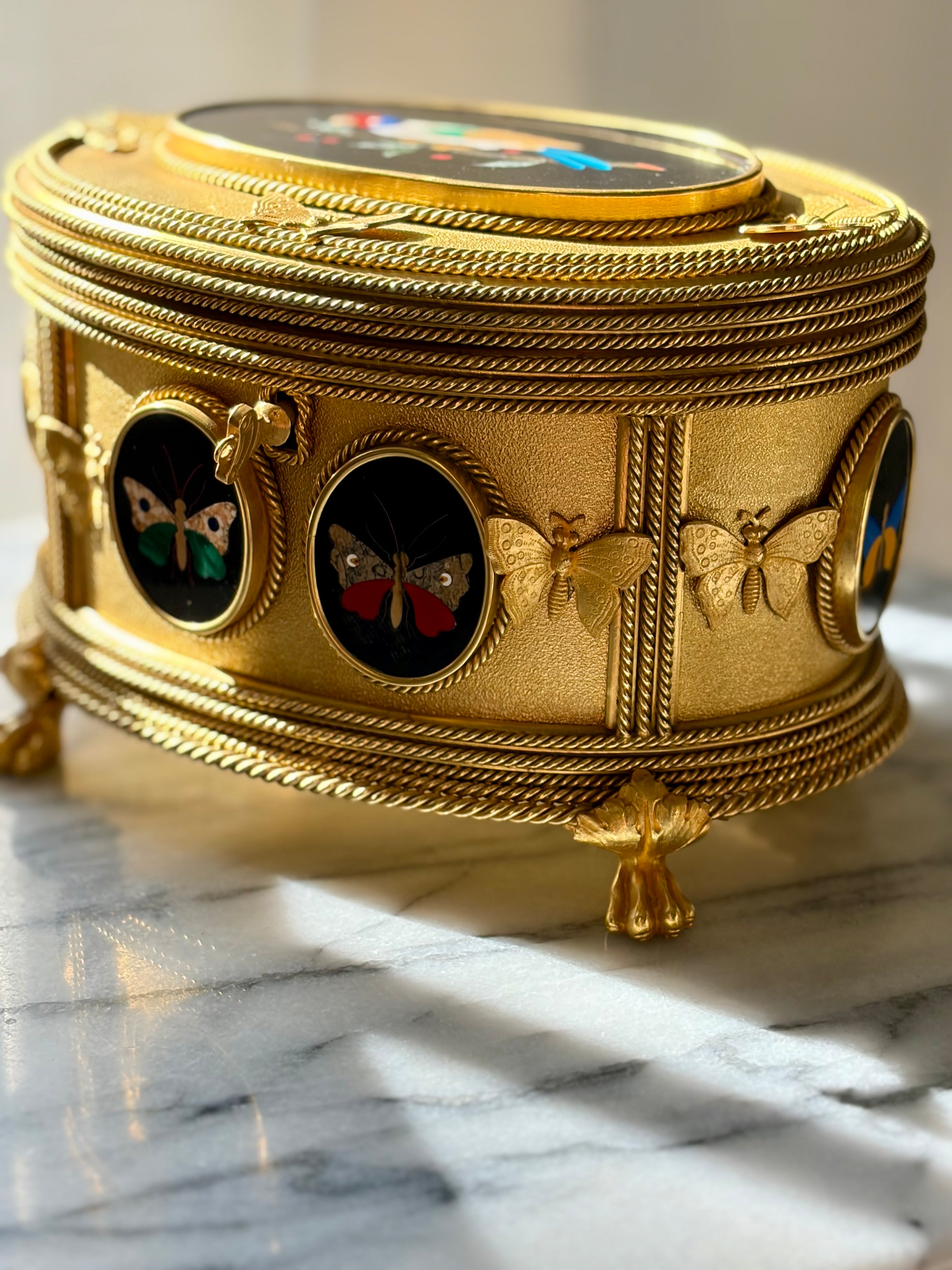 Antique Tahan Paris Pietra Dura & Bronze Jewelry Casket with Working Key
