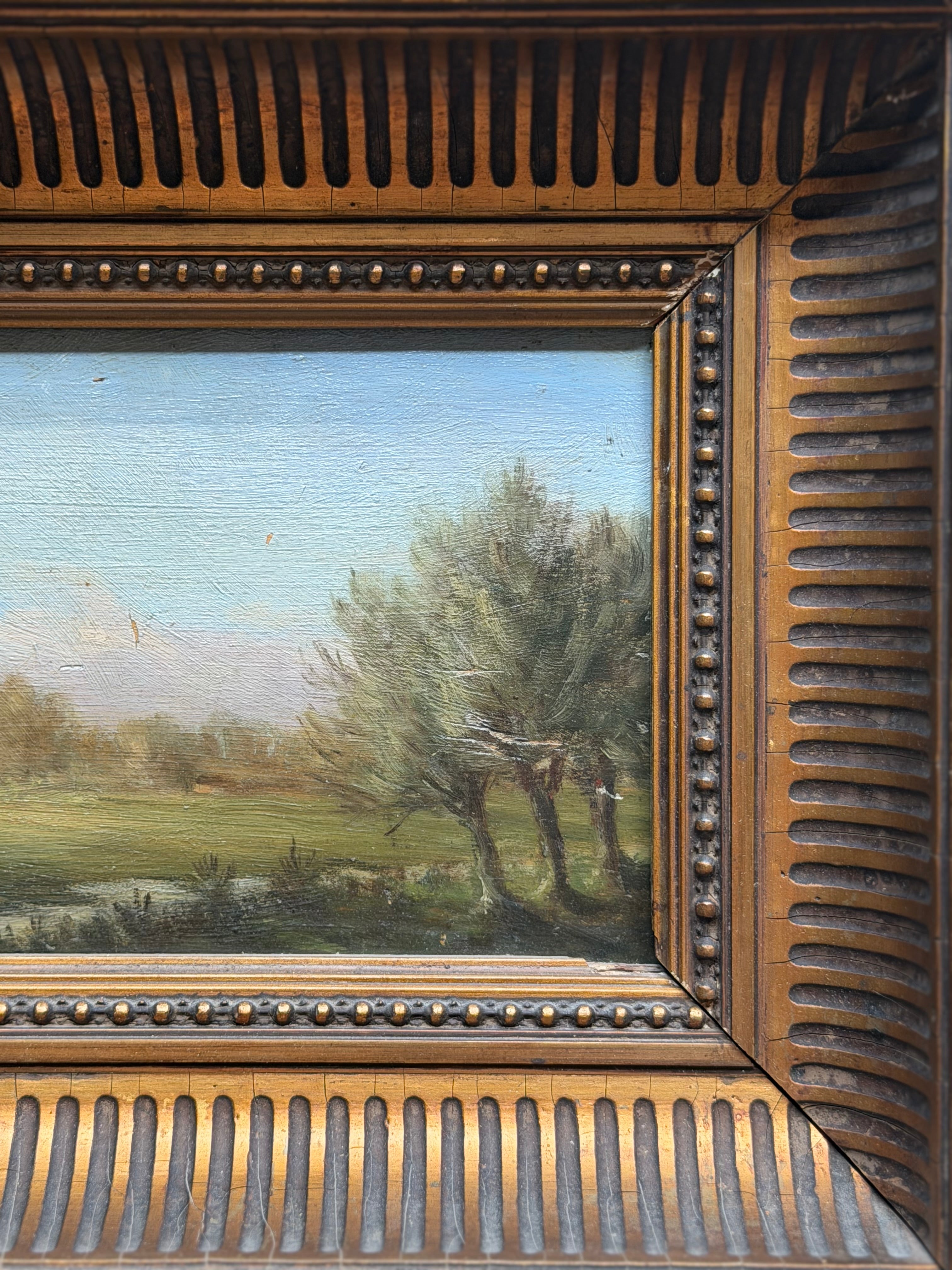 Antique French Oil on Panel Landscape in Carved Giltwood Frame