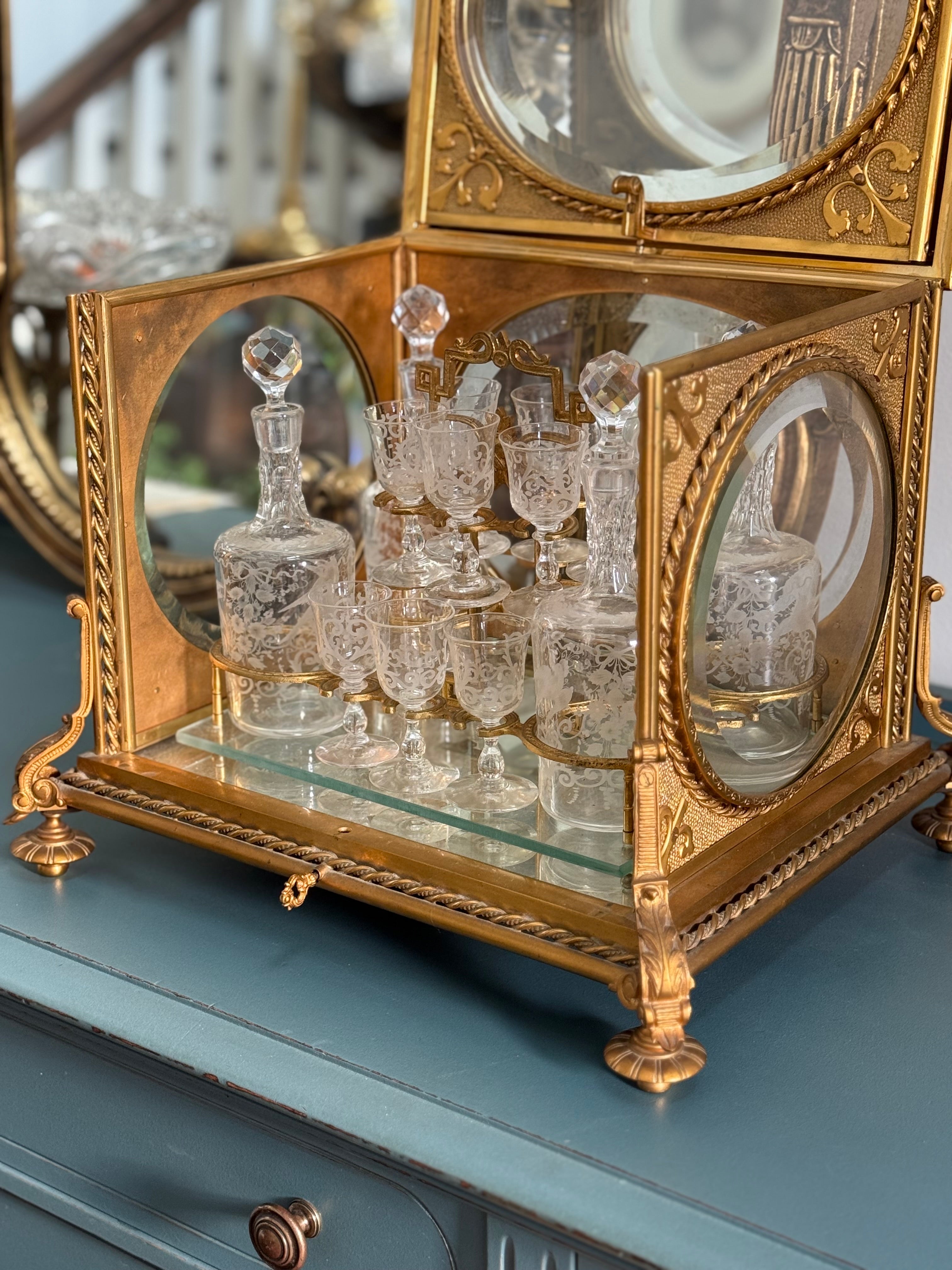 Antique French Gilt Bronze Cave à Liqueur with Etched Crystal