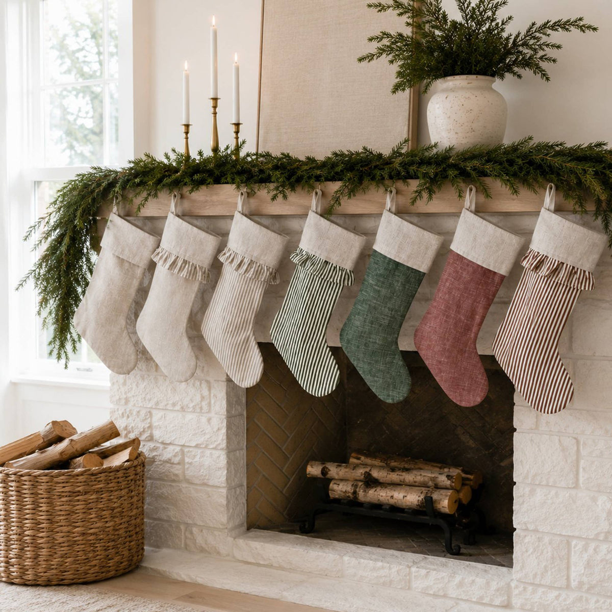 Ticking Stripe Christmas Stocking with Ticking Ruffle: Tan