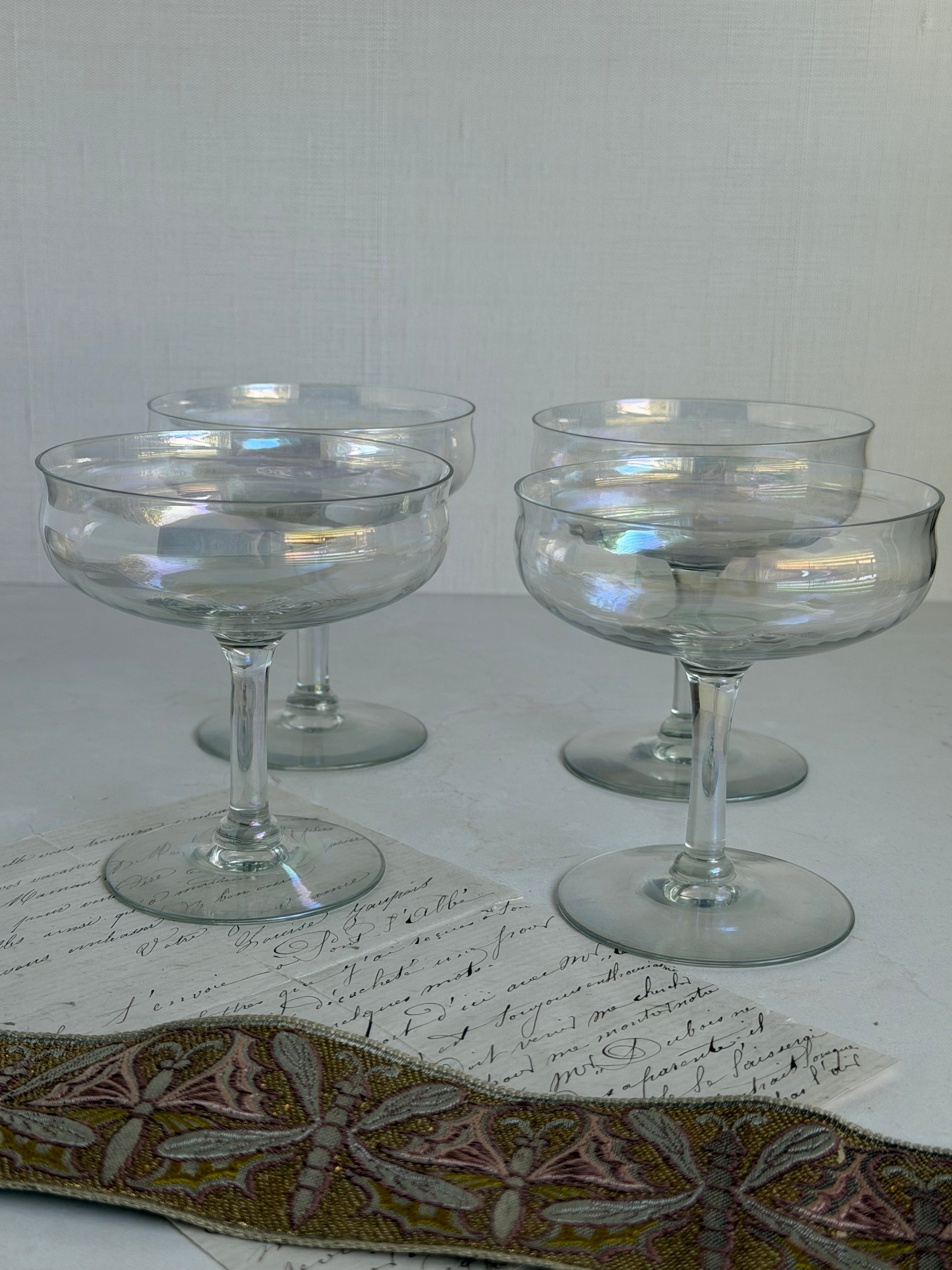 Hand Blown Iridescent Coupes, Set of Four