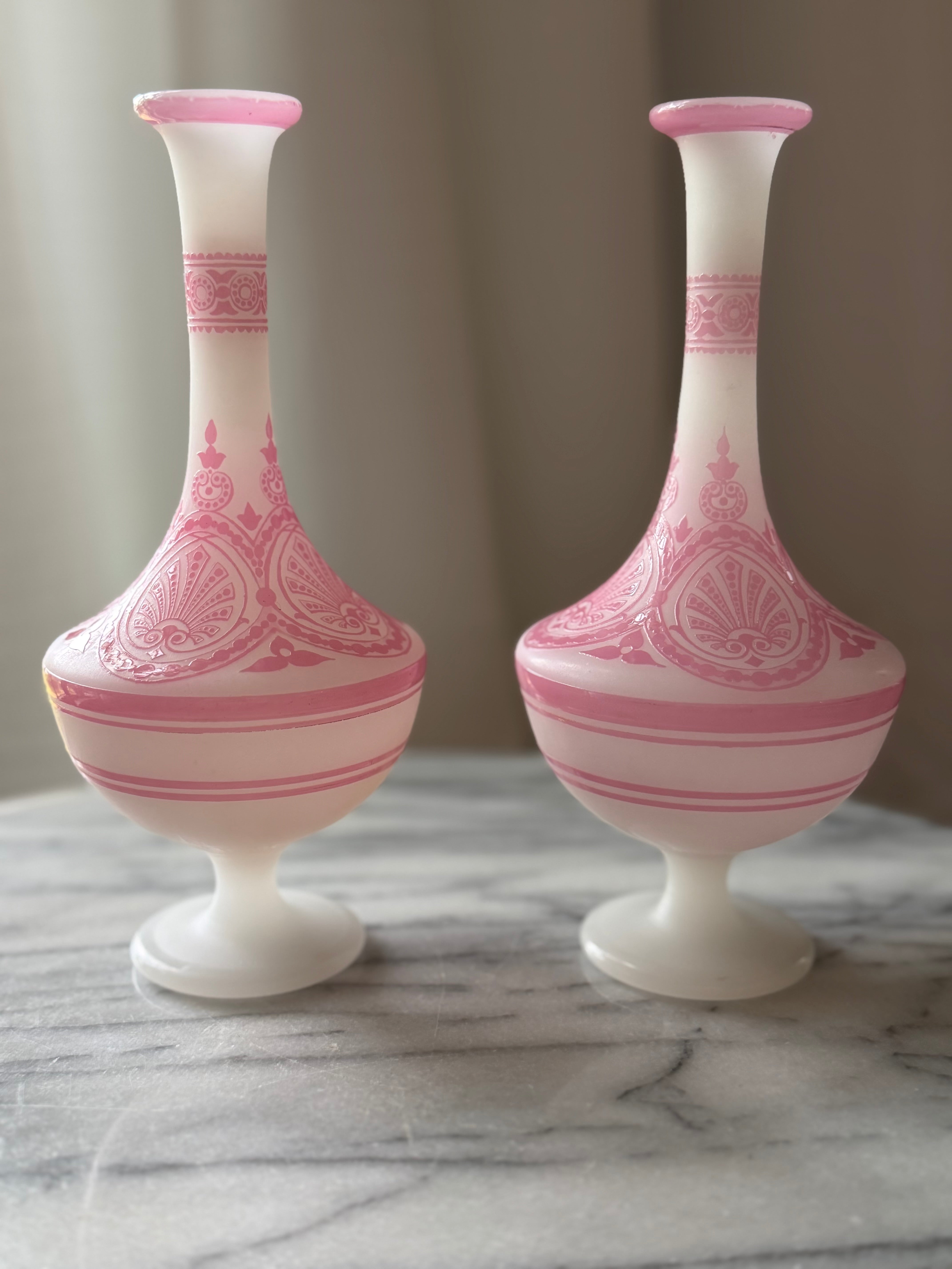 Antique Pink & White Opaline Glass Vases — Pair