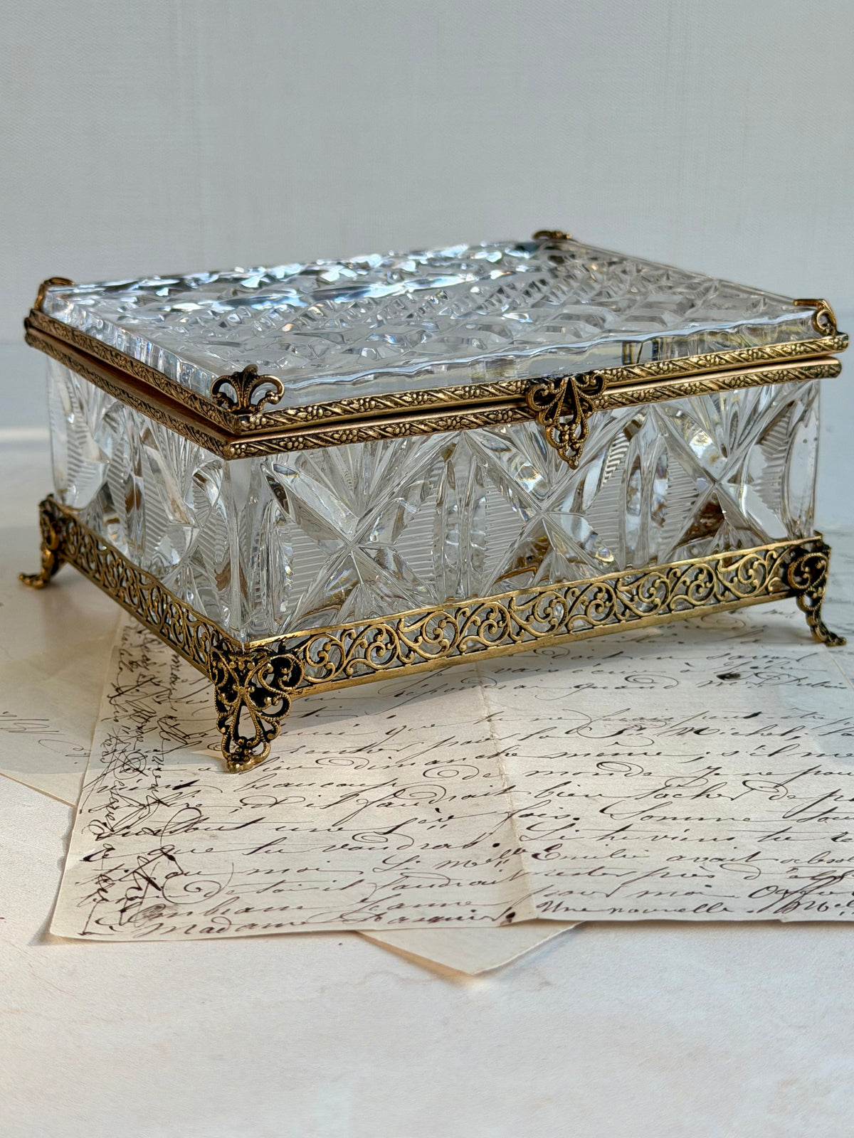 Vintage French Cut Crystal Casket with Ornate Gilt Metal Mounts