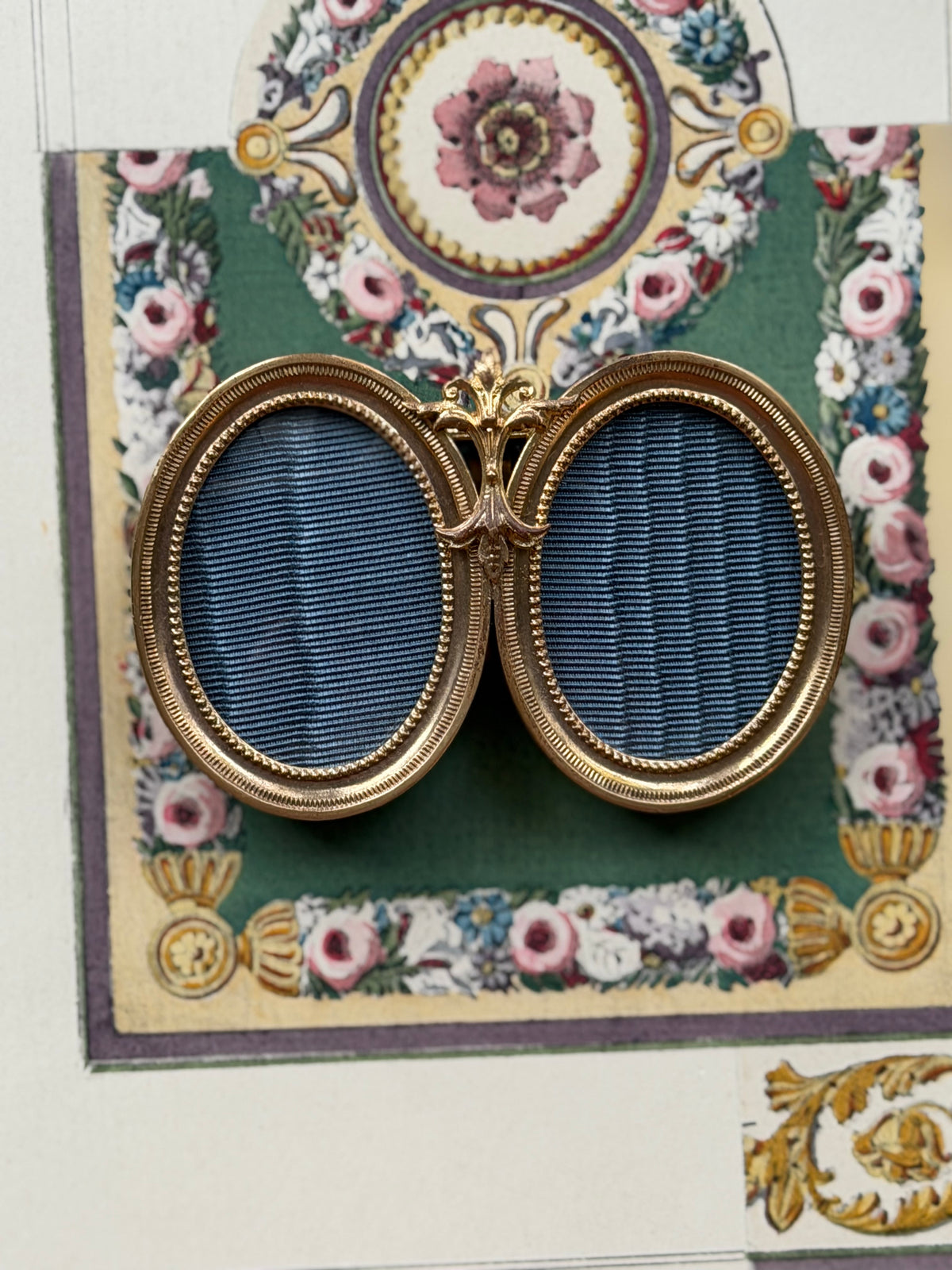 Antique French Gilt Bronze Double Oval Frame with Blue Moiré Silk