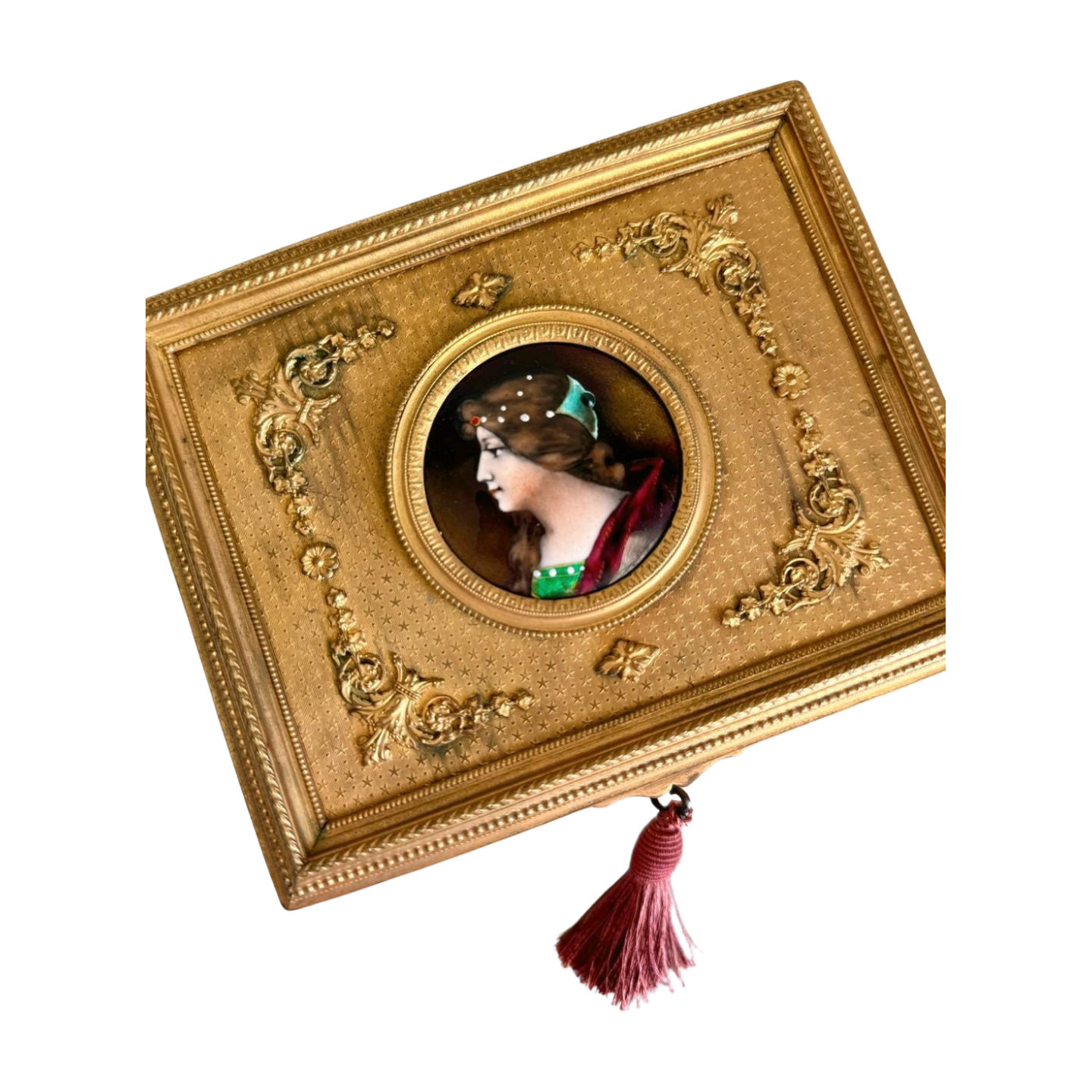 Antique French Gilt Bronze Jewelry Box with Enamel Portrait & Key
