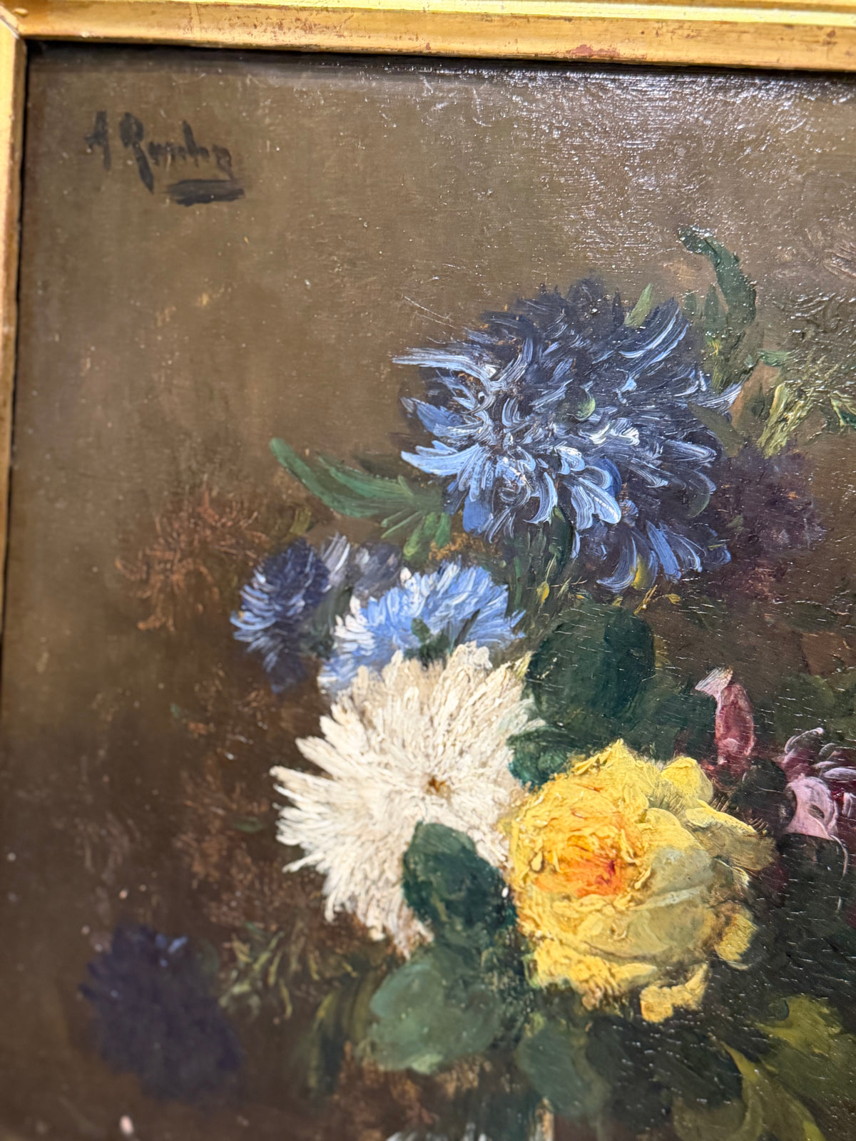 Antique French Floral Still Life Oil on Board, Signed A. Rouby, in Giltwood Frame