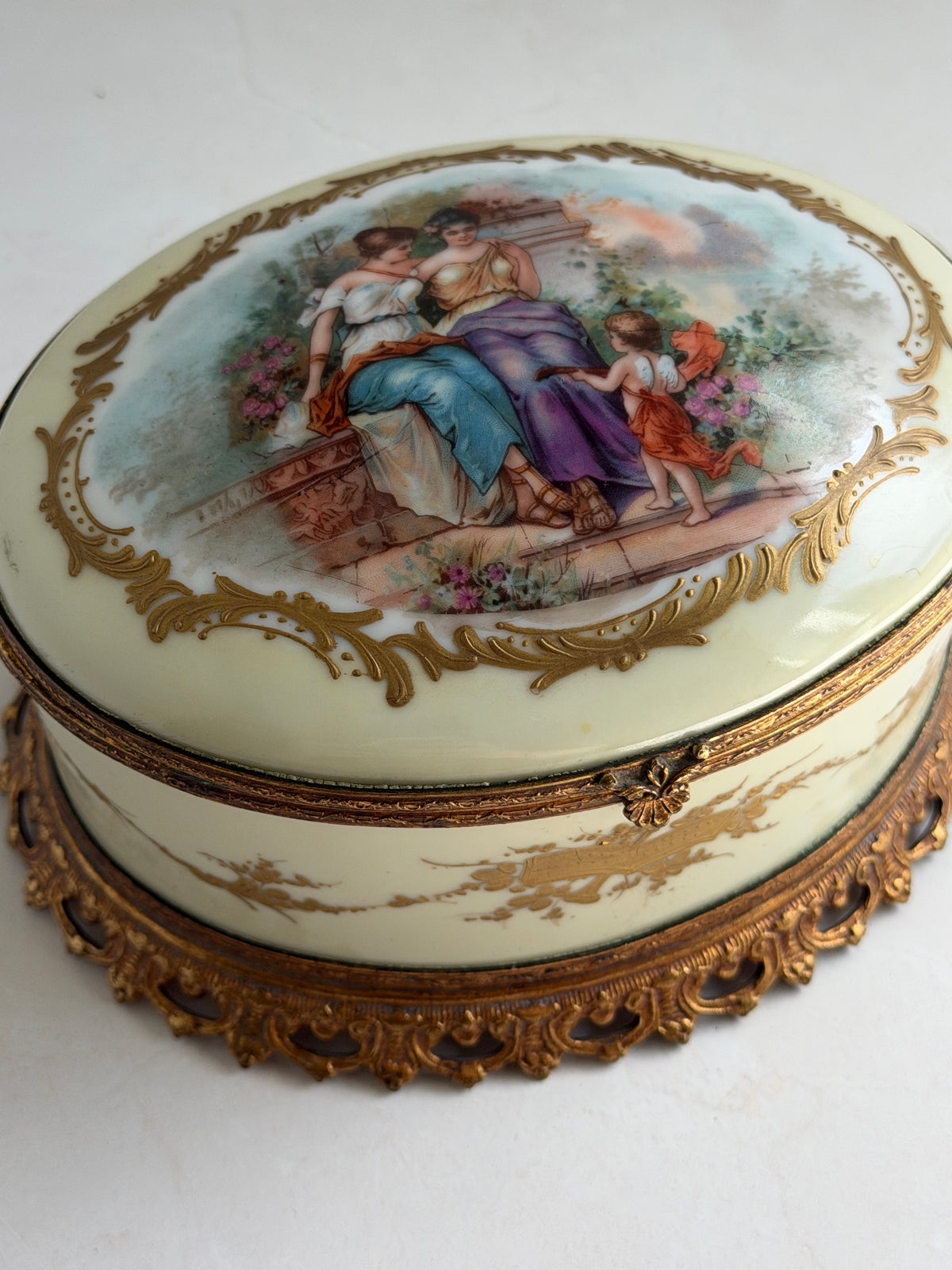Antique French Hand-Painted Porcelain Casket with Bronze Mounts
