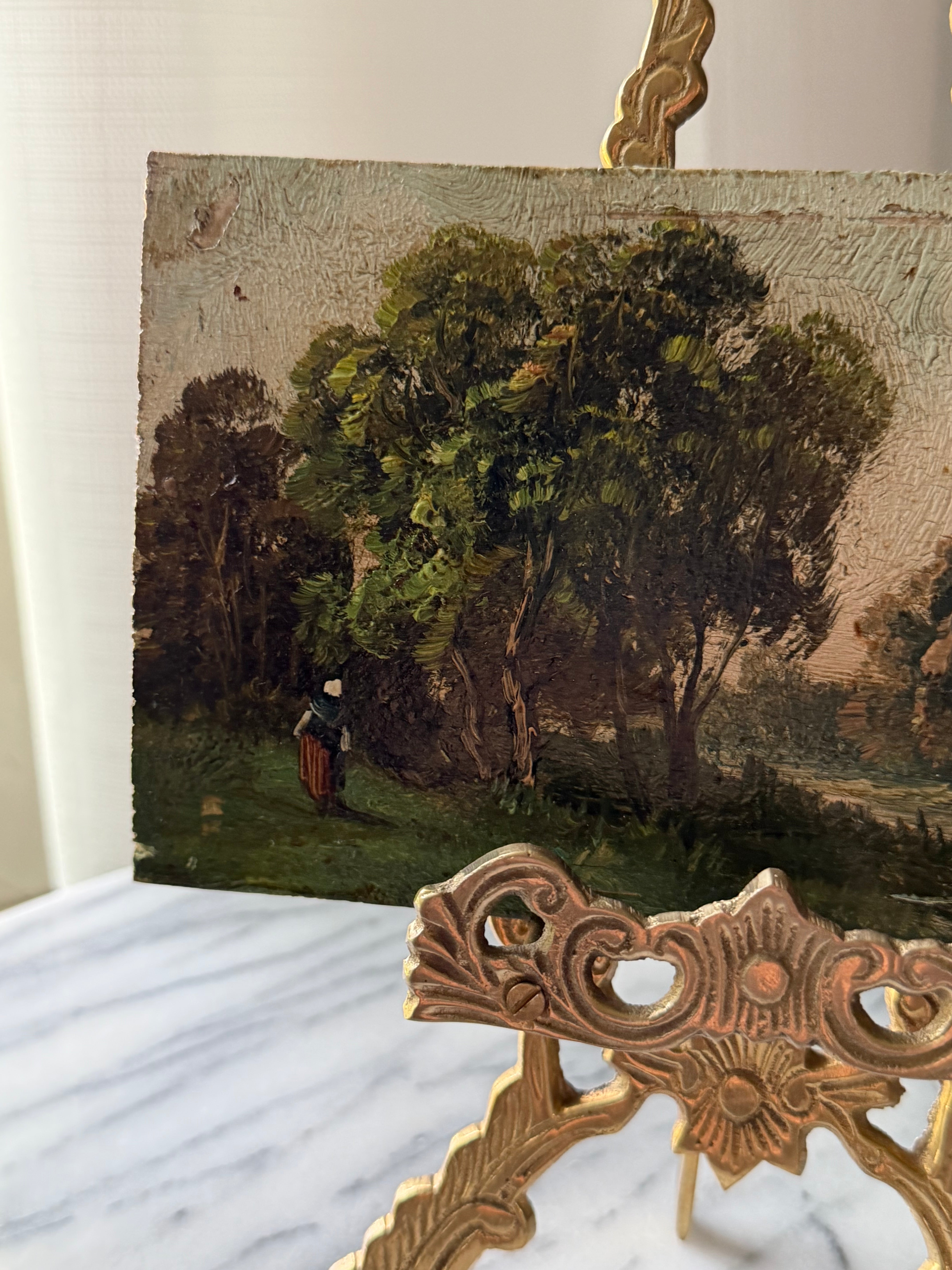 Antique French Landscape Oil Painting on Board