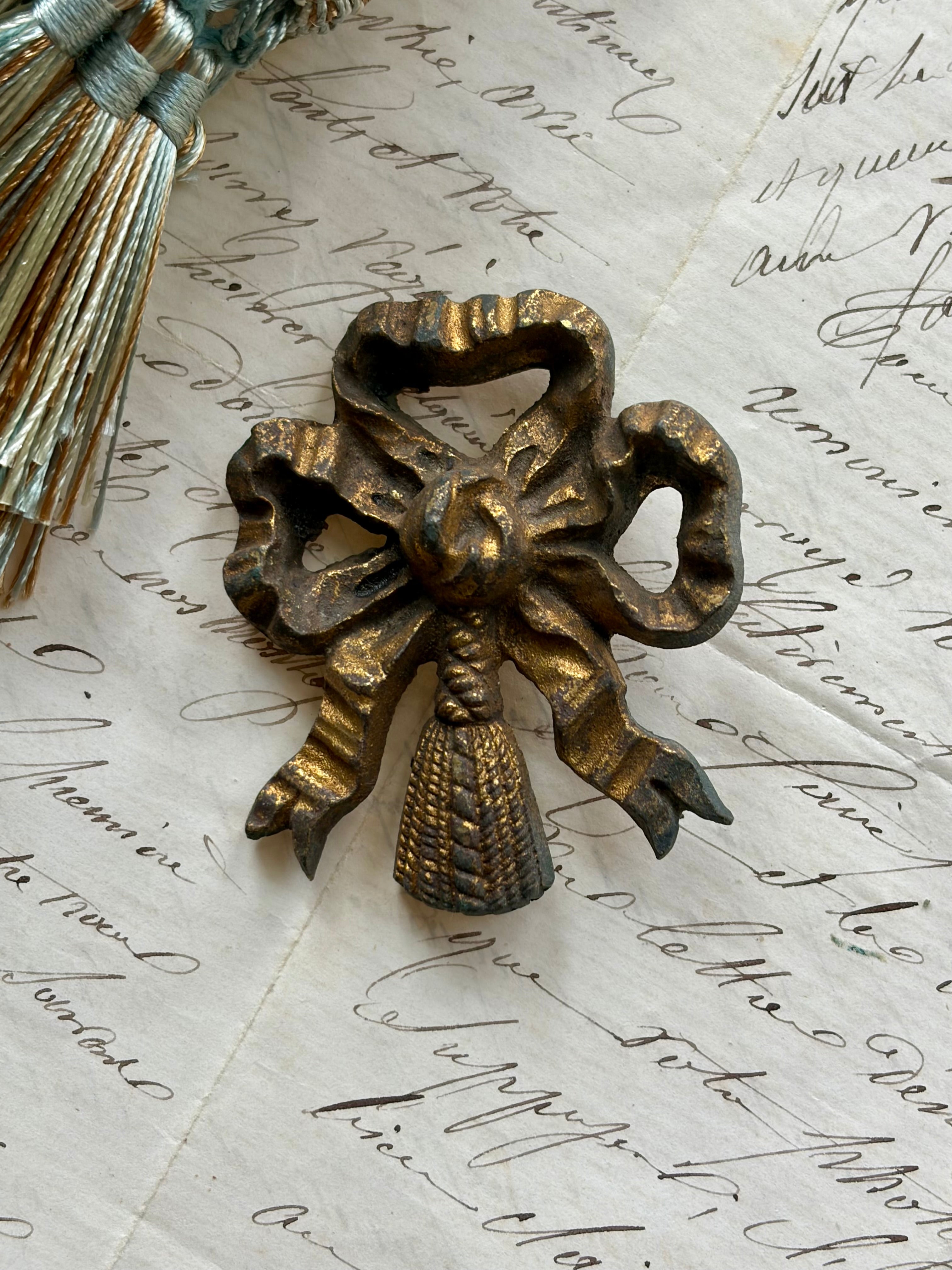 Antique French Salvaged Bronze Bow Furniture Mount with Hanging Tassel