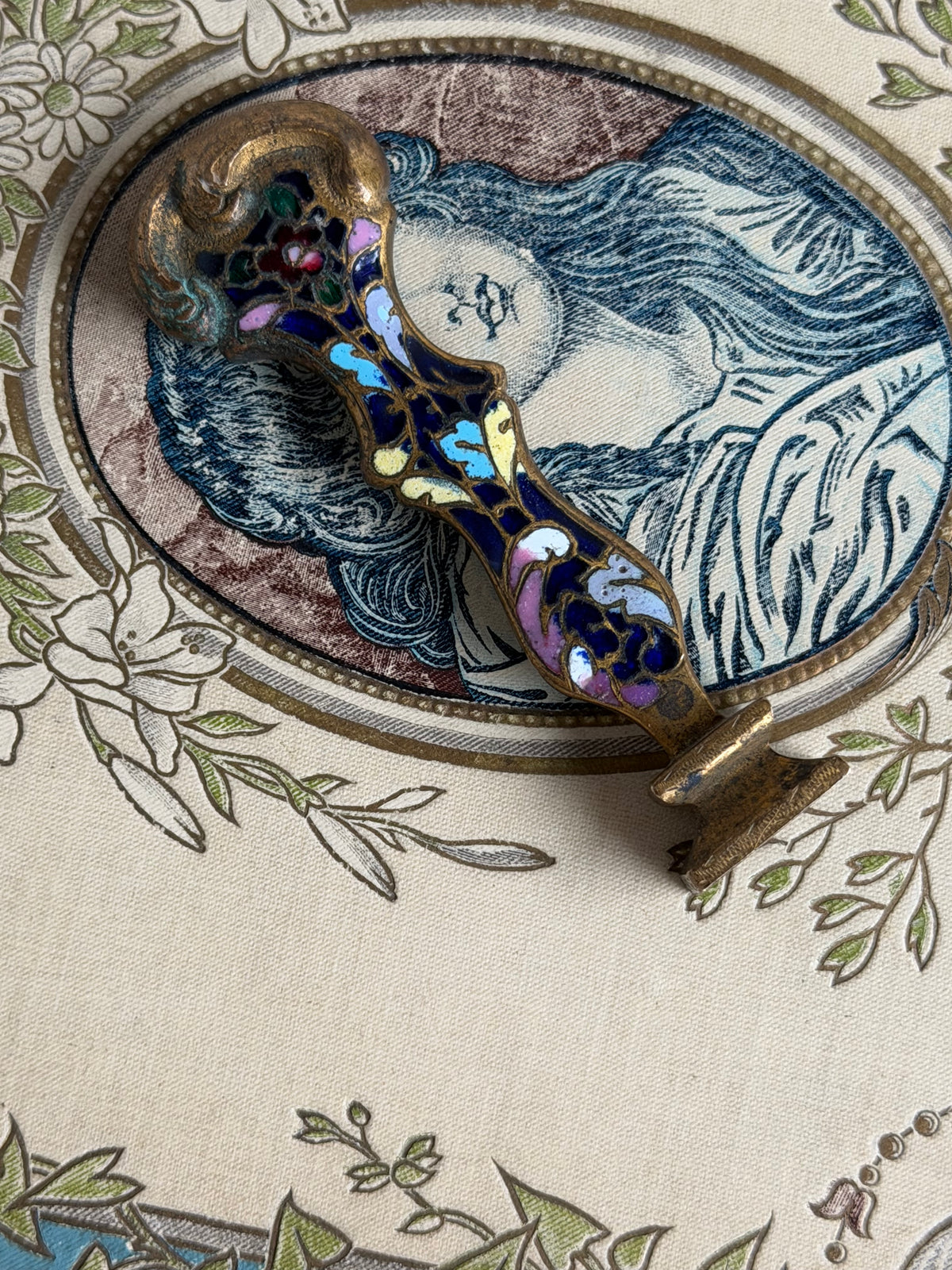 Antique French Champlevé Enamel Wax Seal with Floral Detailing