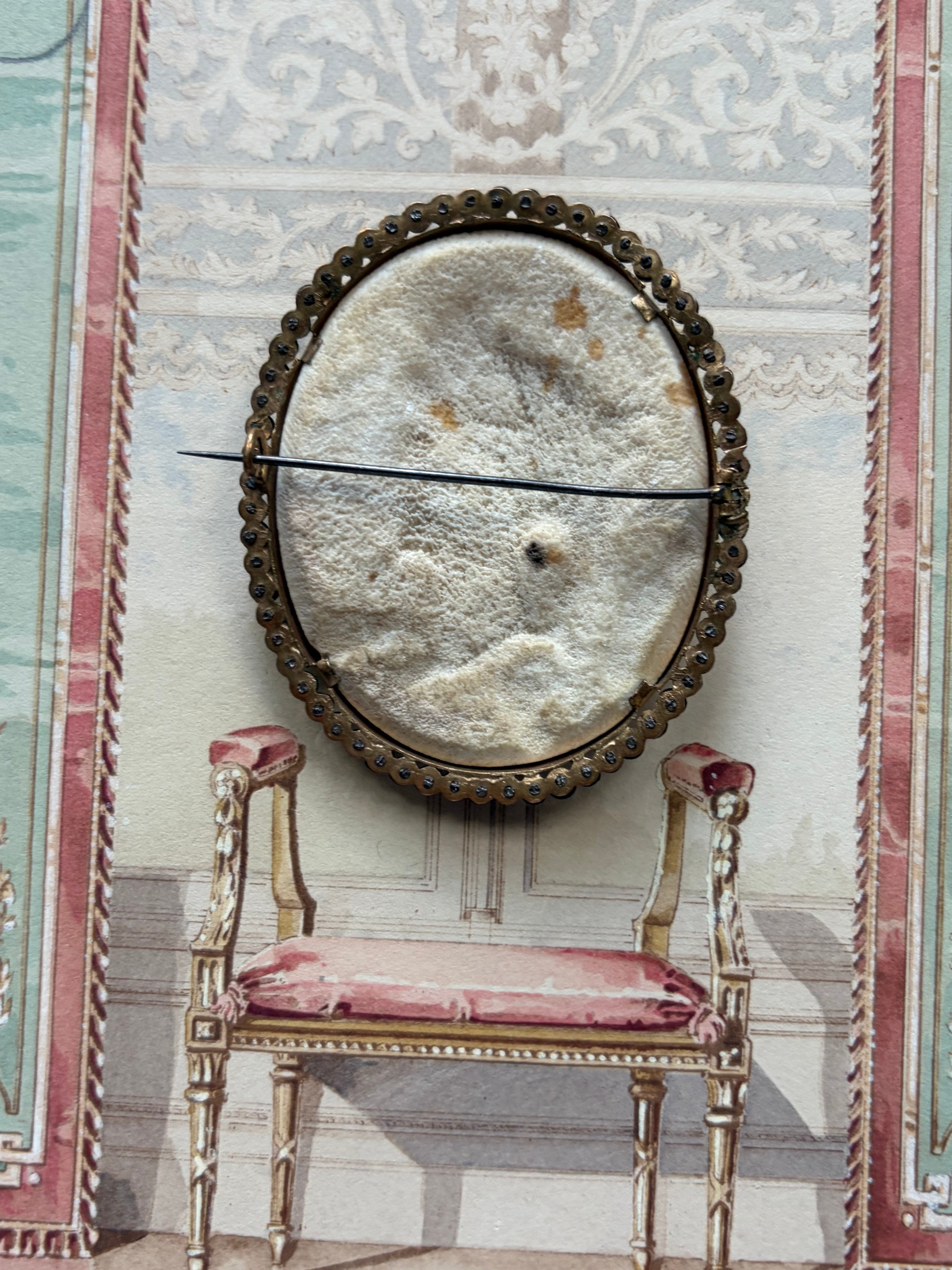 Antique Carved Lava Stone Cameo Brooch with Bead Border