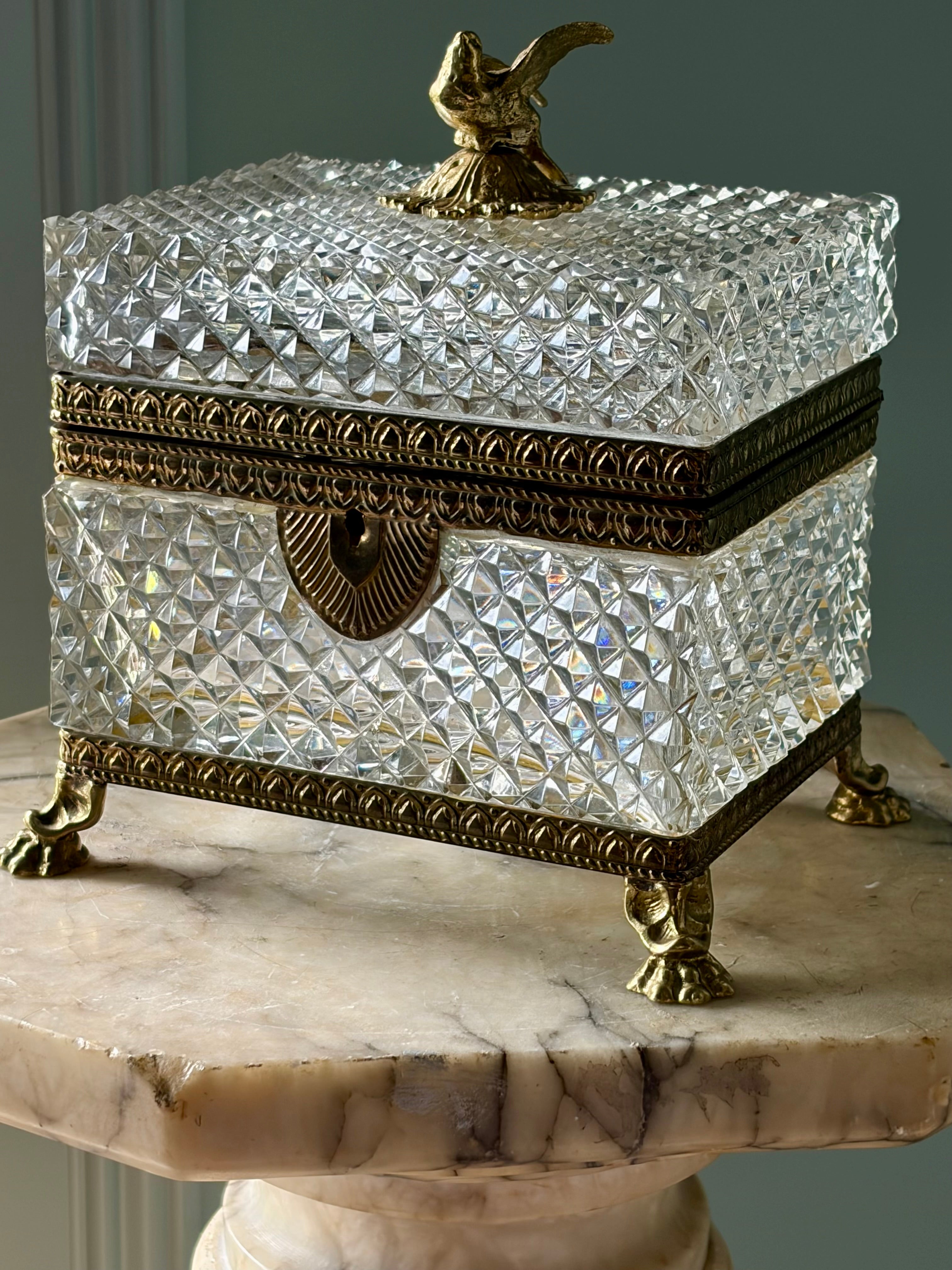 Antique French Crystal Casket with Dove Finial
