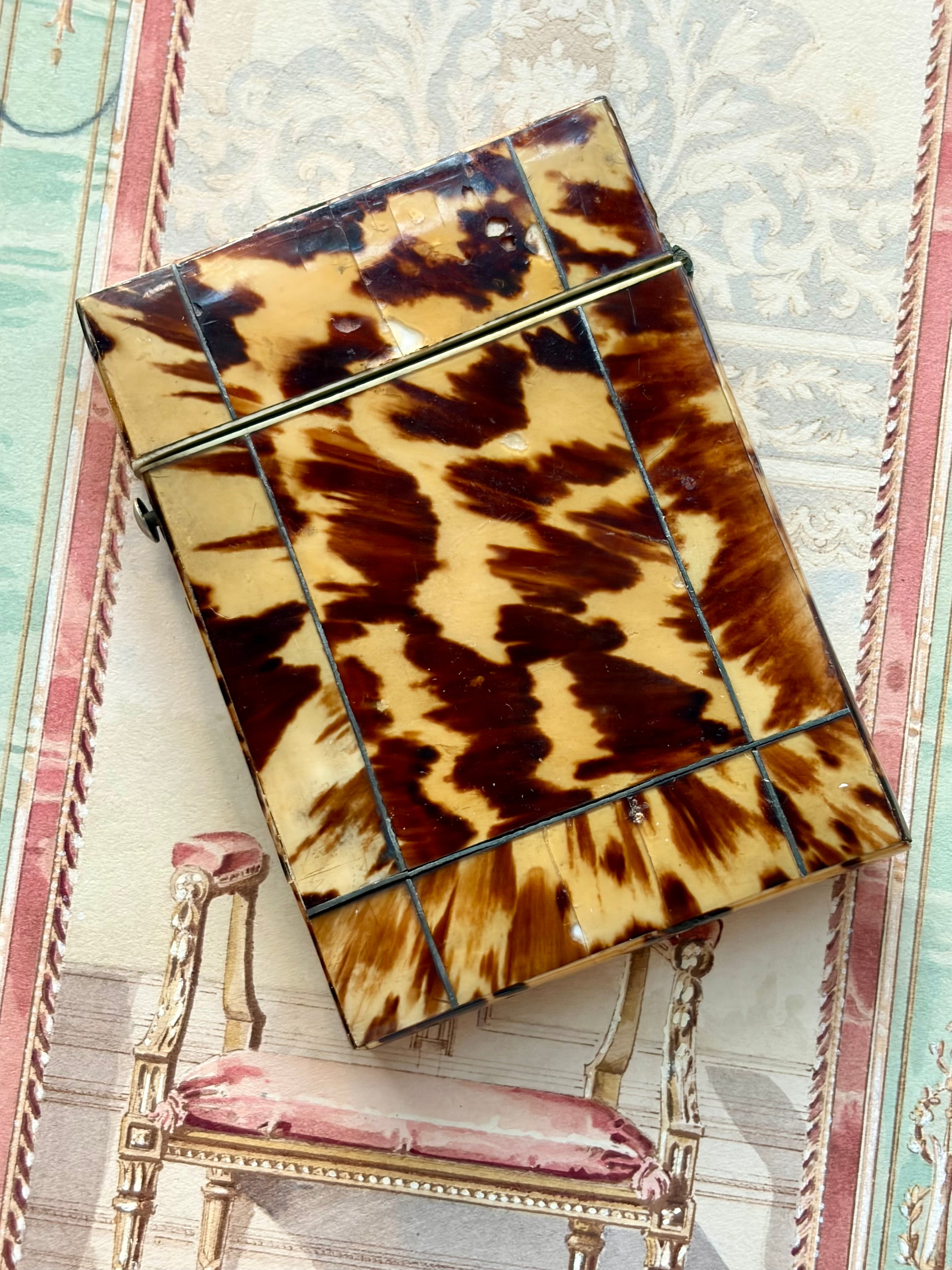 Antique Tortoiseshell Card Case with Silver Piqué Inlay