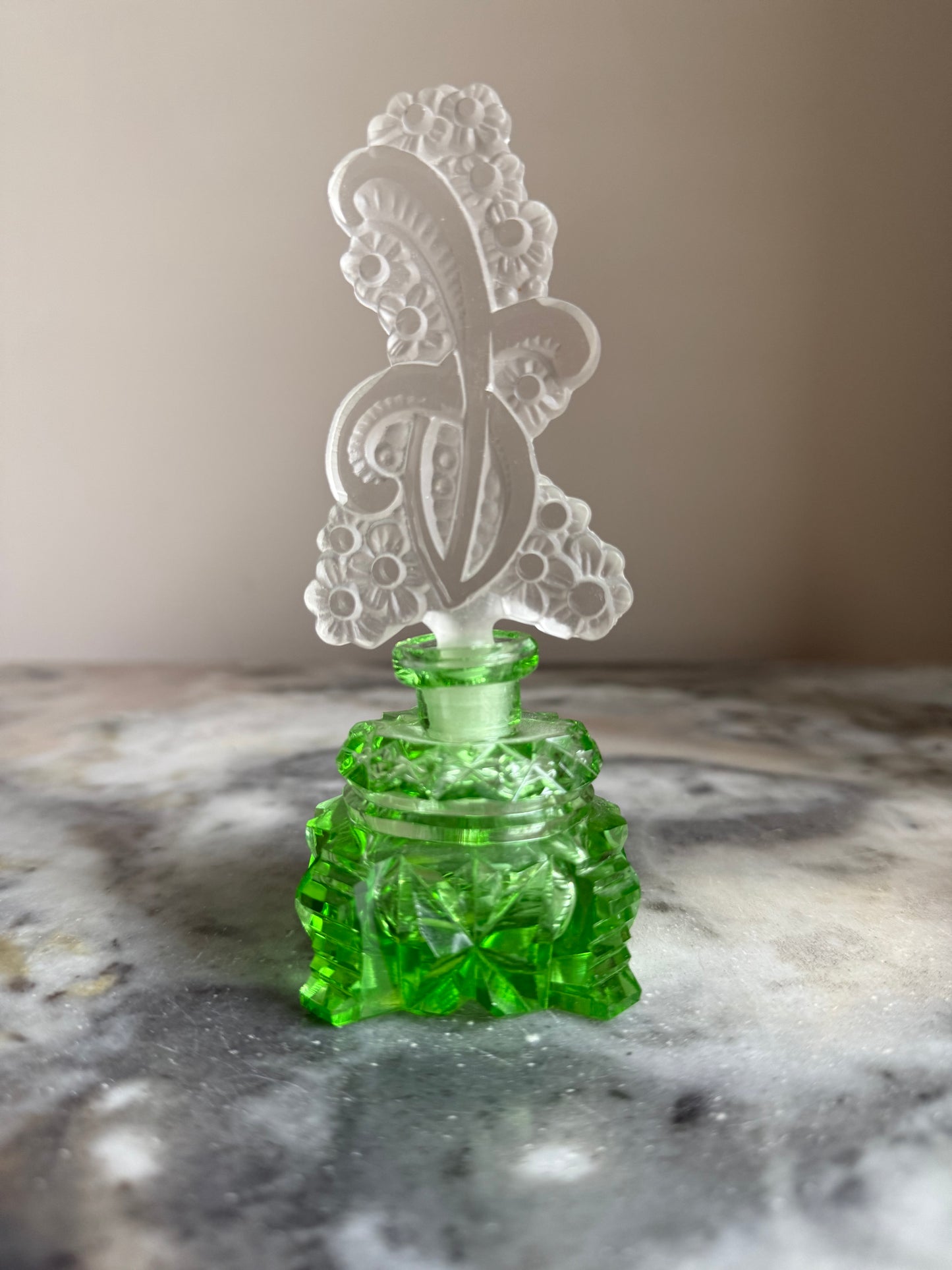 Art Deco Glass Perfume Bottle w/ Crystal Top