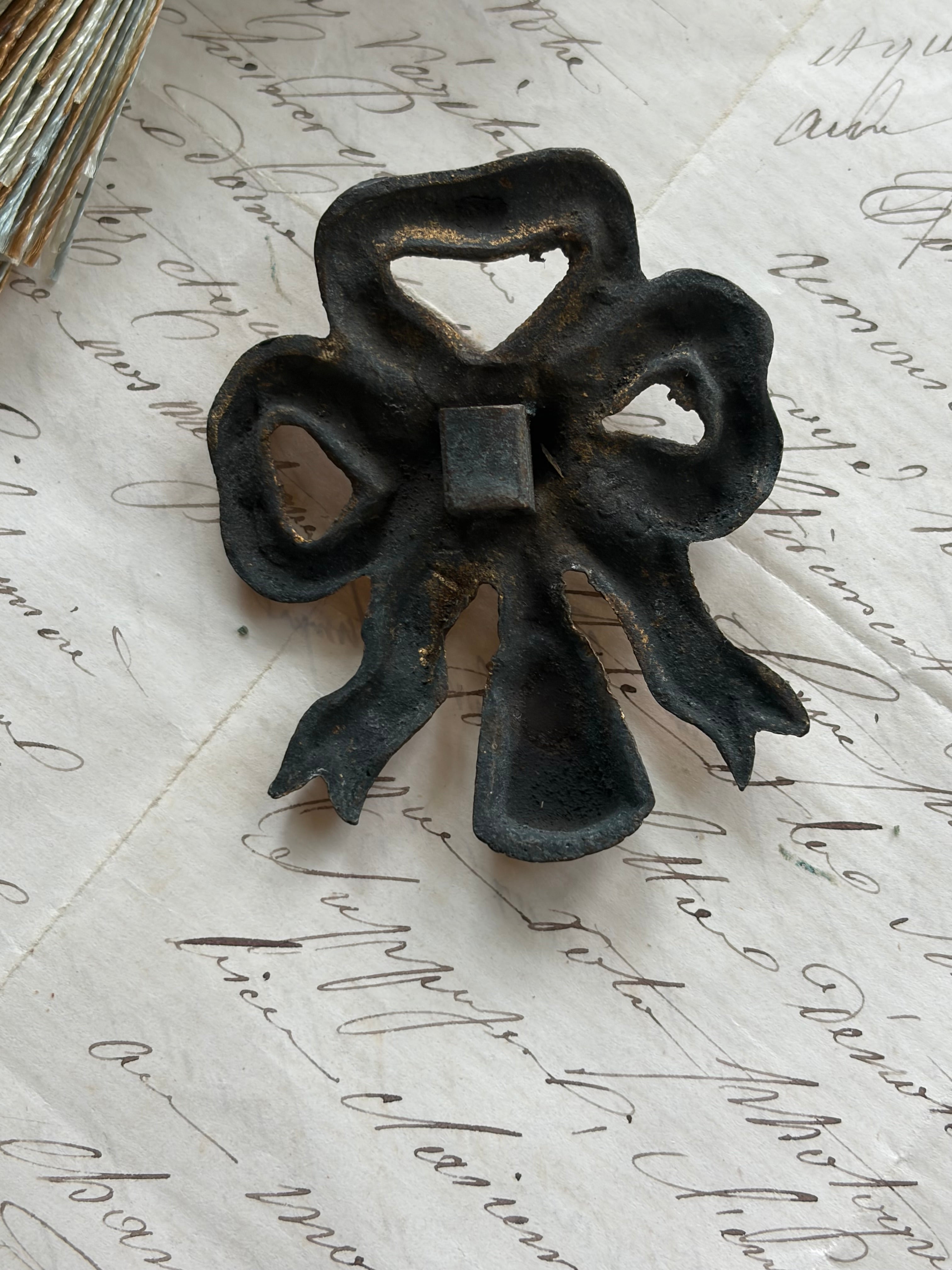 Antique French Salvaged Bronze Bow Furniture Mount with Hanging Tassel