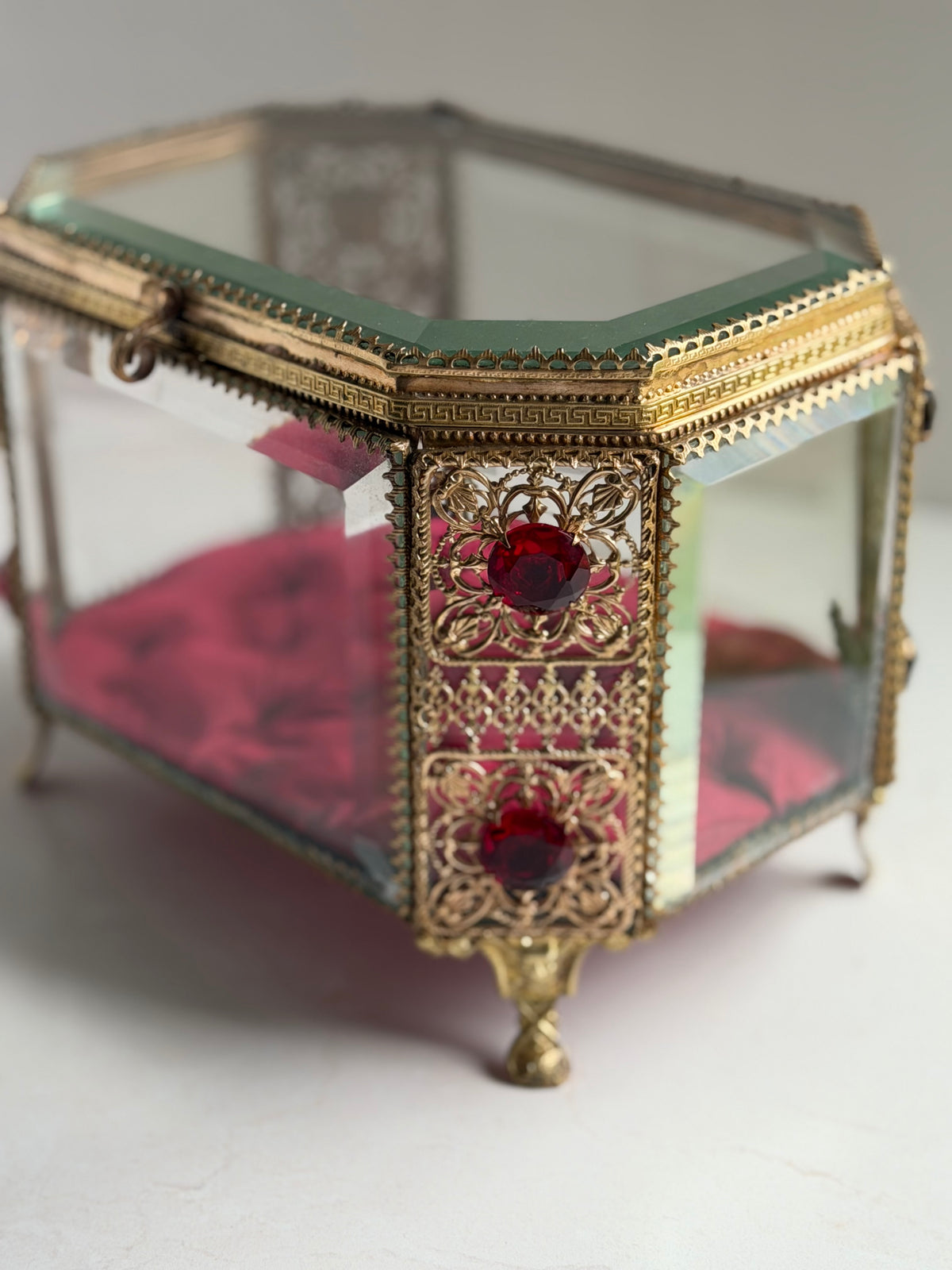 Antique French Bridal Casket with Ruby Red Glass Jewels & Greek Key Detailing