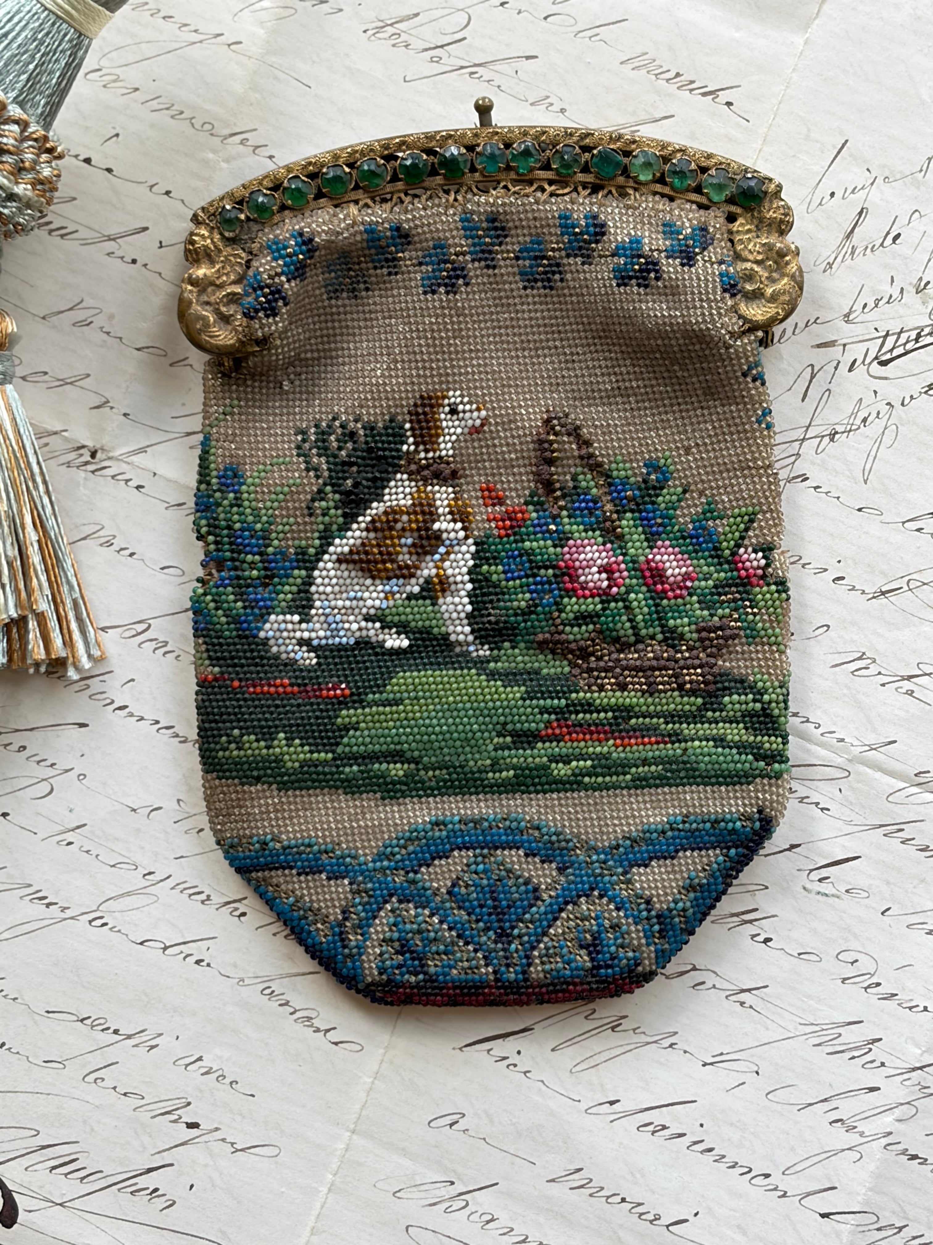Antique French Beaded Purse with Petit-Point Spaniel and Floral Scene