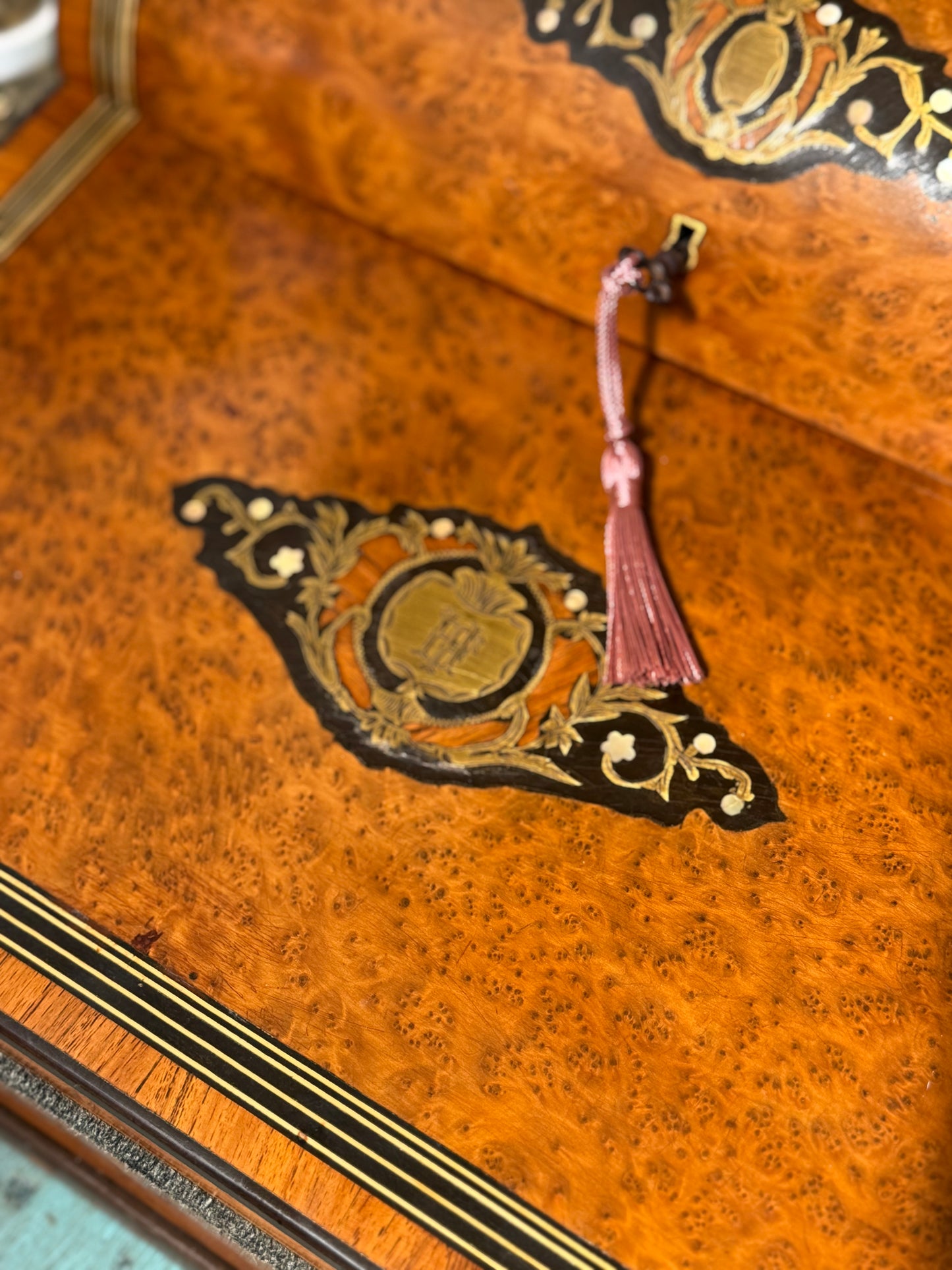 Antique French Burl Wood Writing Slope Desk