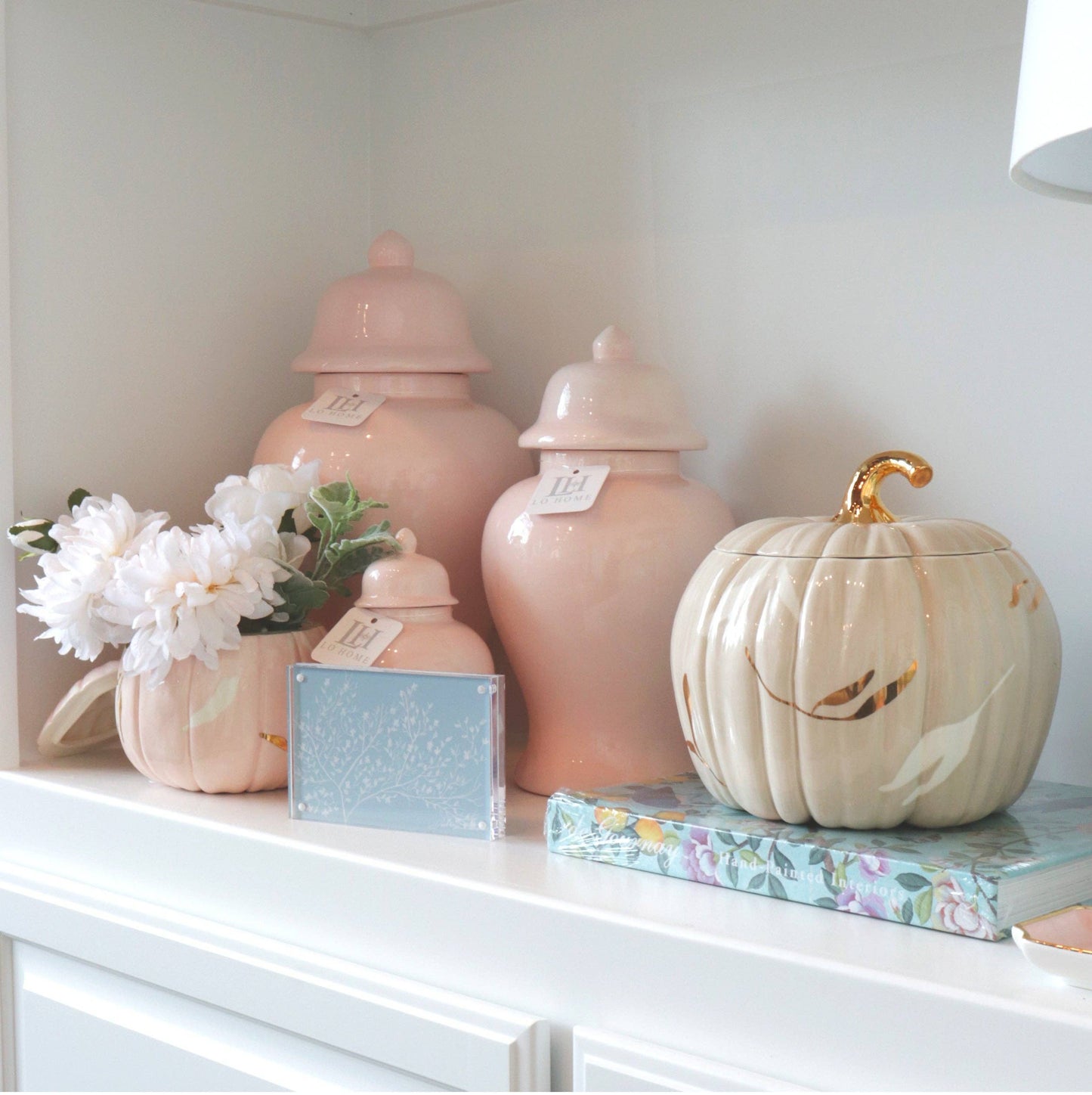Layered Leaves Pumpkin Jars with 22K Gold Accents in Pink: Medium