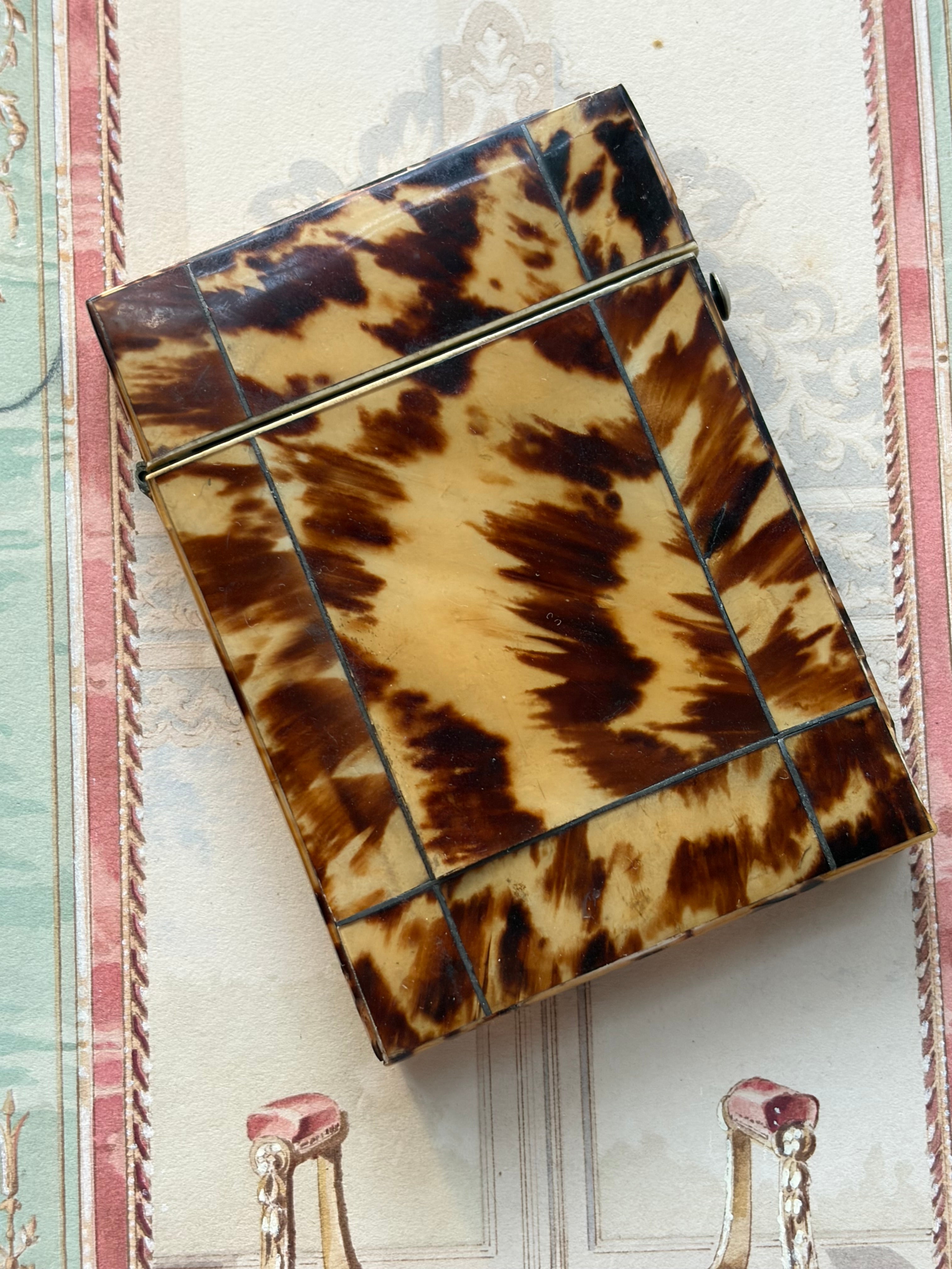 Antique Tortoiseshell Card Case with Silver Piqué Inlay