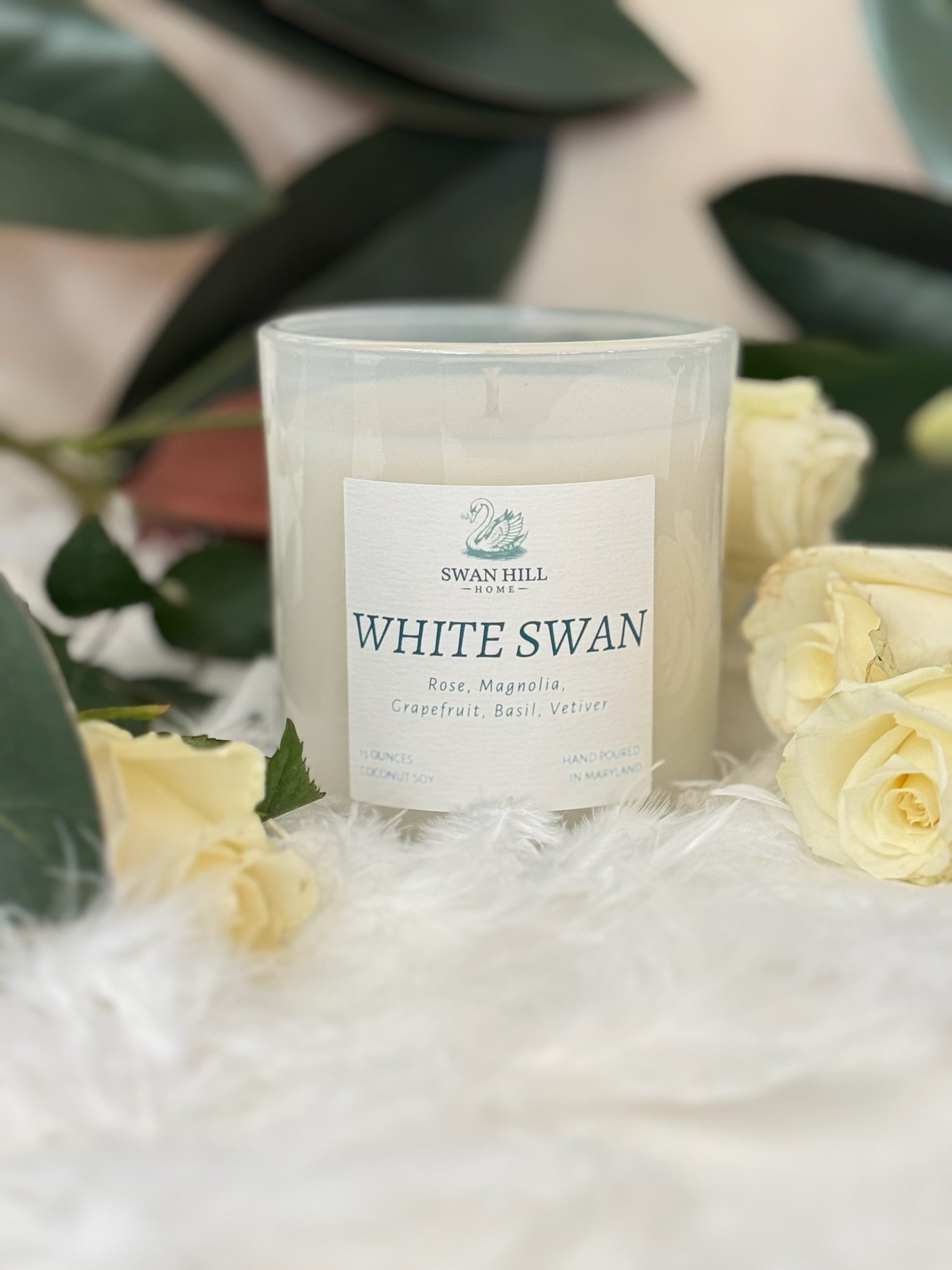 White Swan luxury candle by Swan Hill Home x Salvage Bohemia — Rose, Magnolia, Grapefruit, Basil, Vetiver