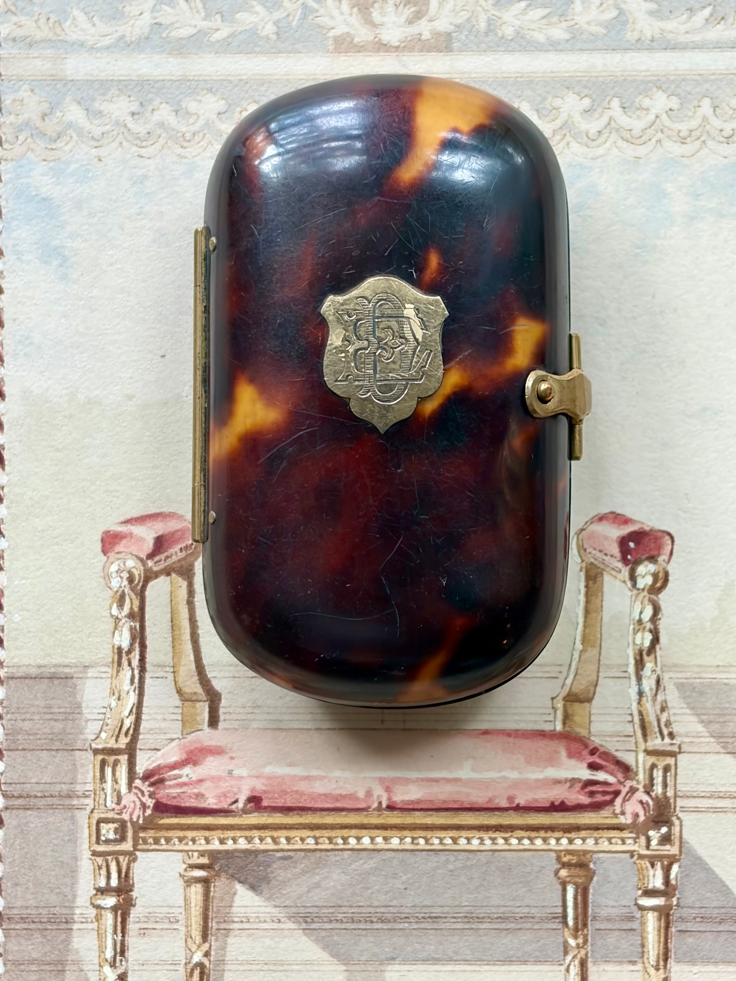 Antique French Tortoiseshell Coin Purse with Brass Monogram