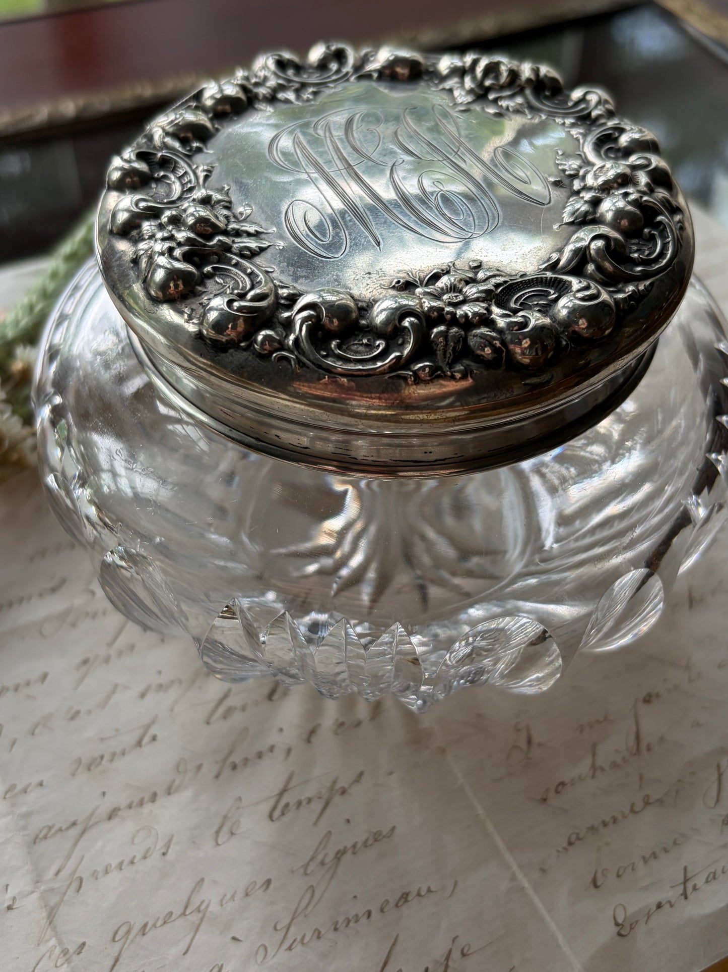 Antique Crystal Powder Jar with Sterling Silver Lid