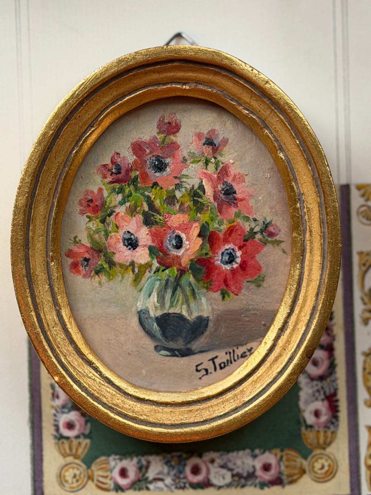 Vintage French Oval Oil Painting of Anemones in Giltwood Frame, Signed, 1967